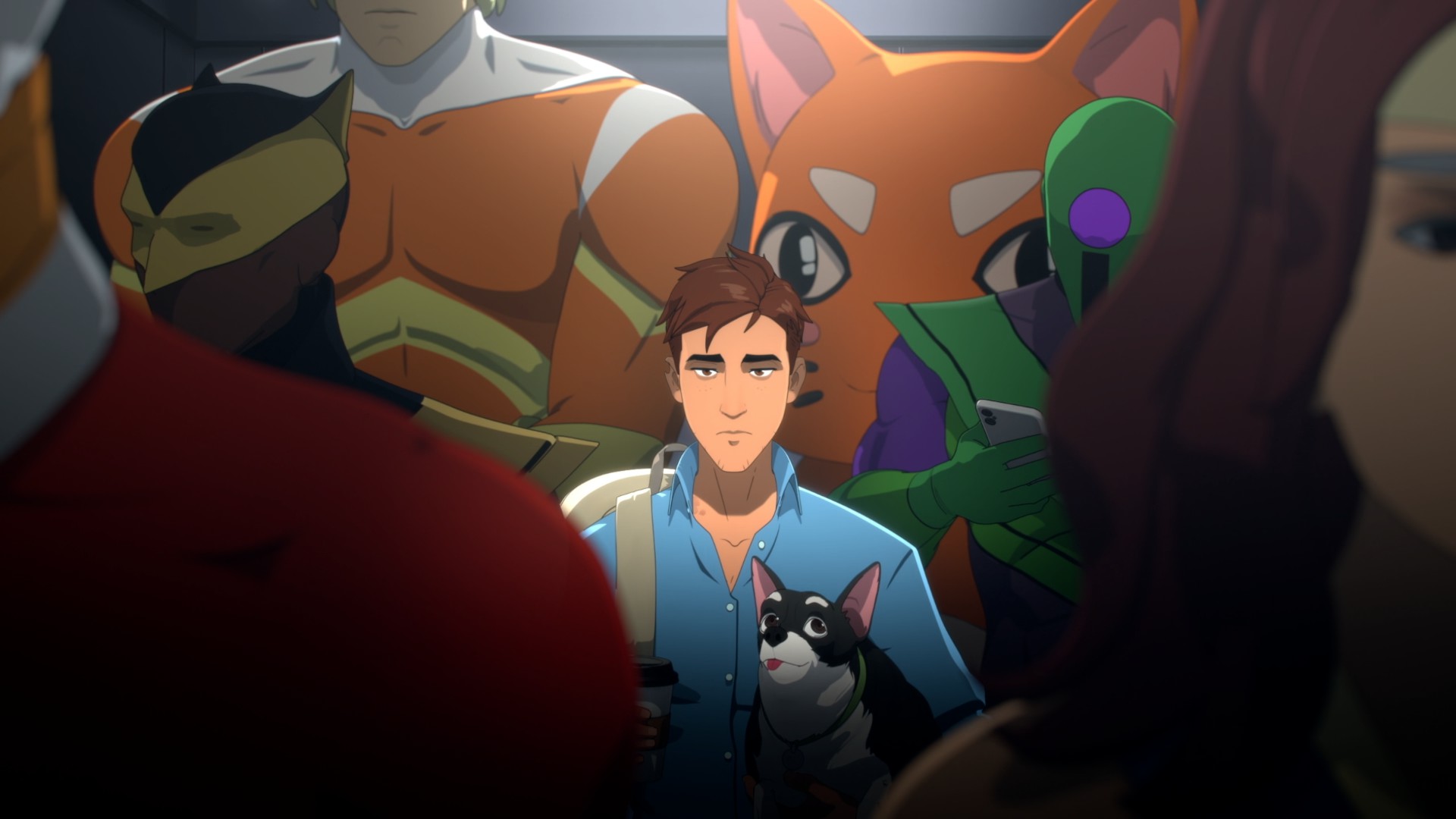 Robert, the protagonist of AdHoc Studio's dispatch, stands in a crammed elevator full of superheroes.