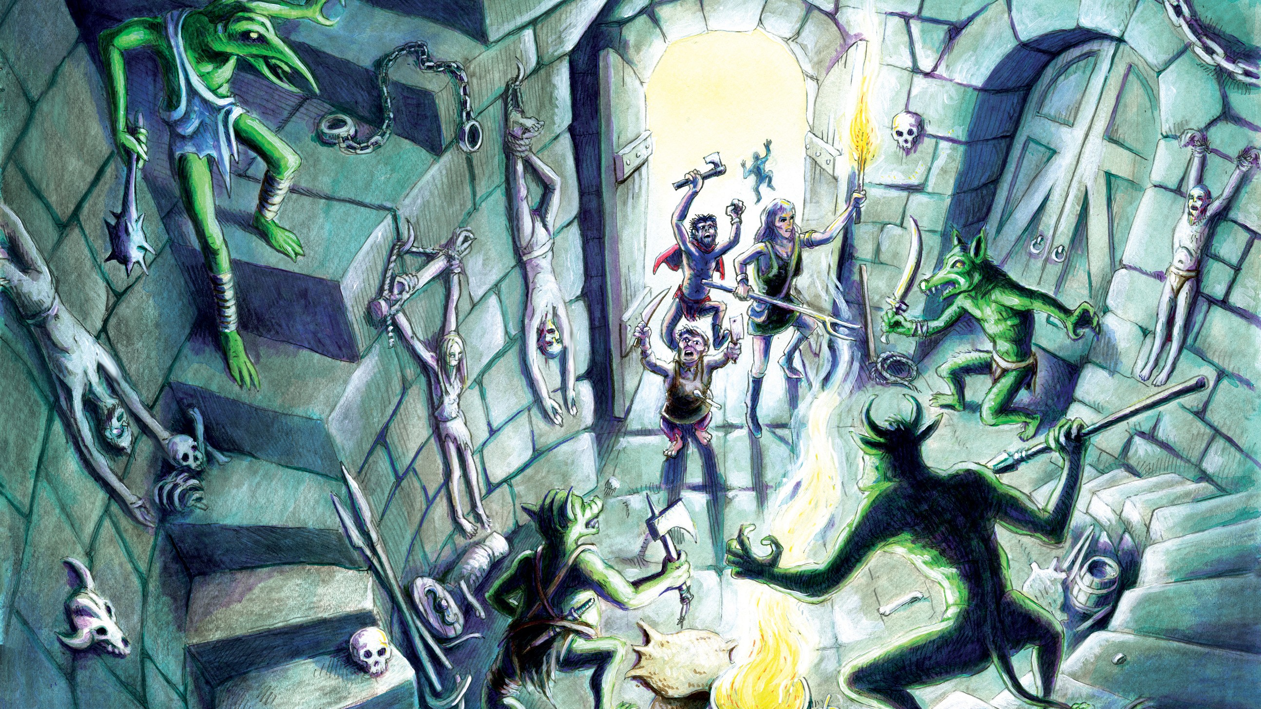 Adventurers being attacked by monsters on a spiral staircase in Dungeon Crawl Classics.