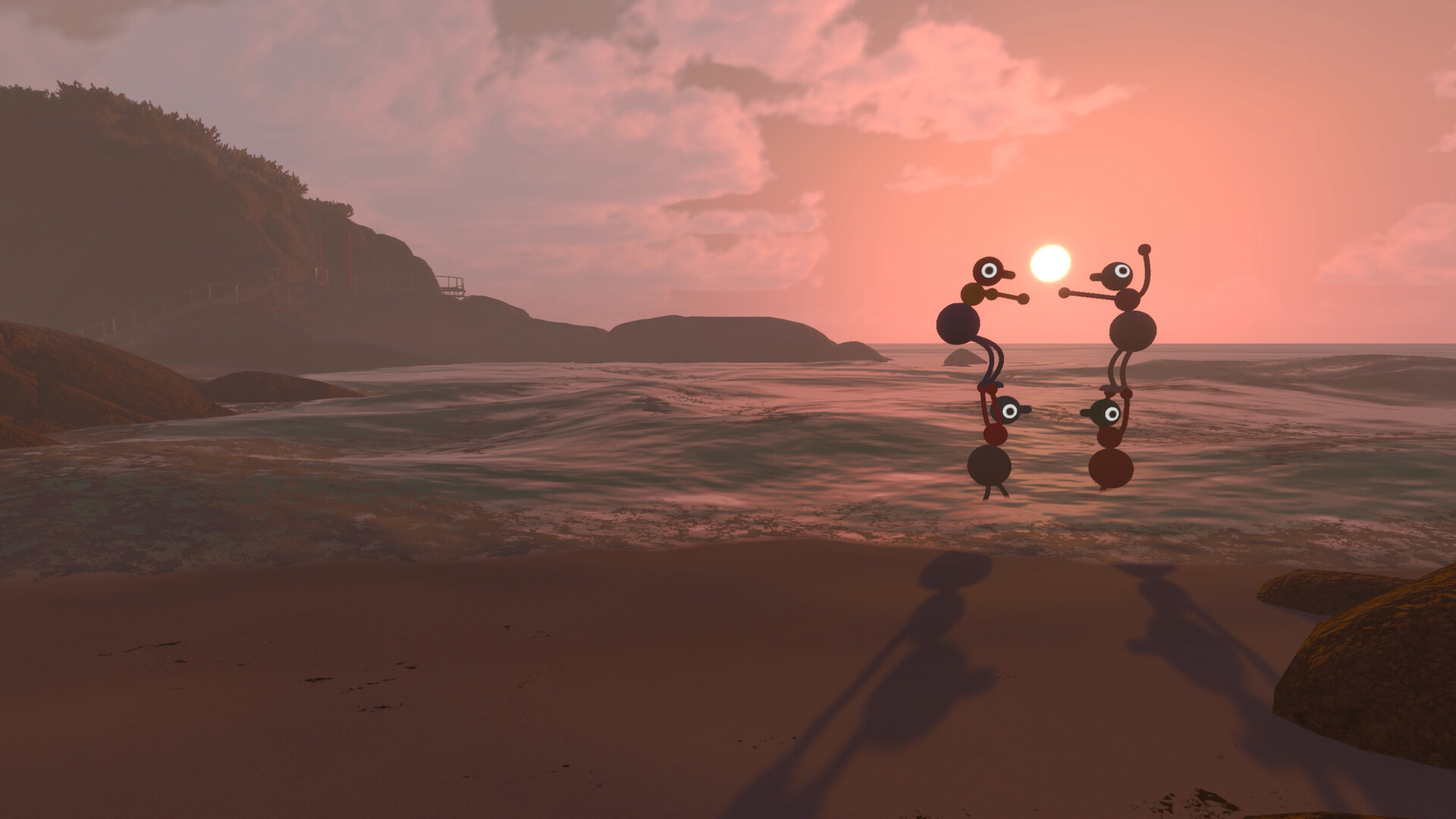 A screenshot from Big Walk showing four players causing havoc on a calm beach at dusk