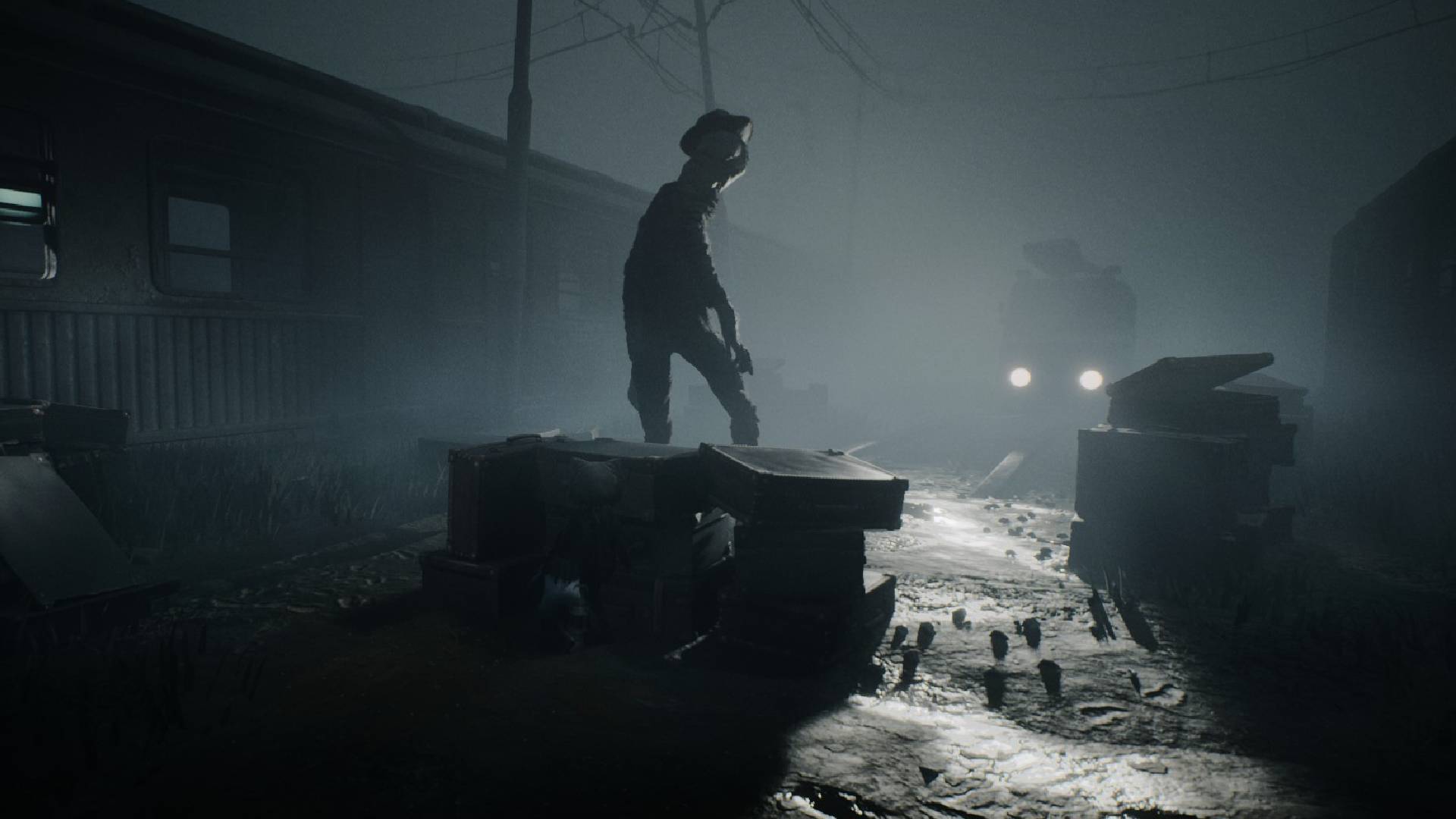 Reanimal boss stood in the headlights of a vehicle in the darkness