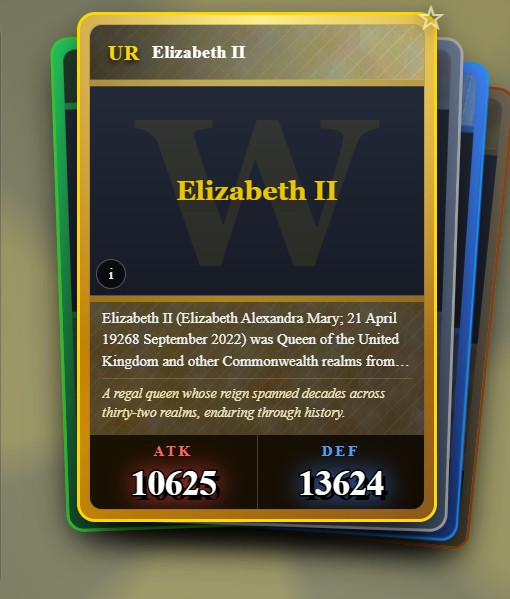 Playing card from Wikigacha derived from the Wikipedia article for Elizabeth II
