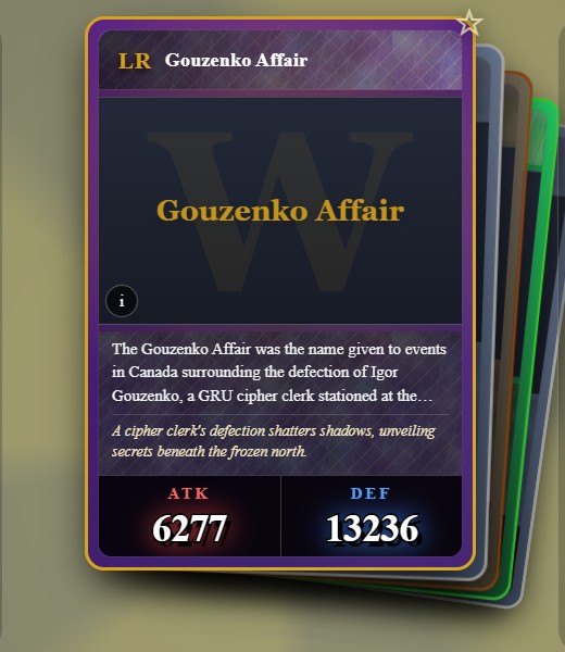 Playing card from Wikigacha derived from the Wikipedia article for Gouzenko Affair