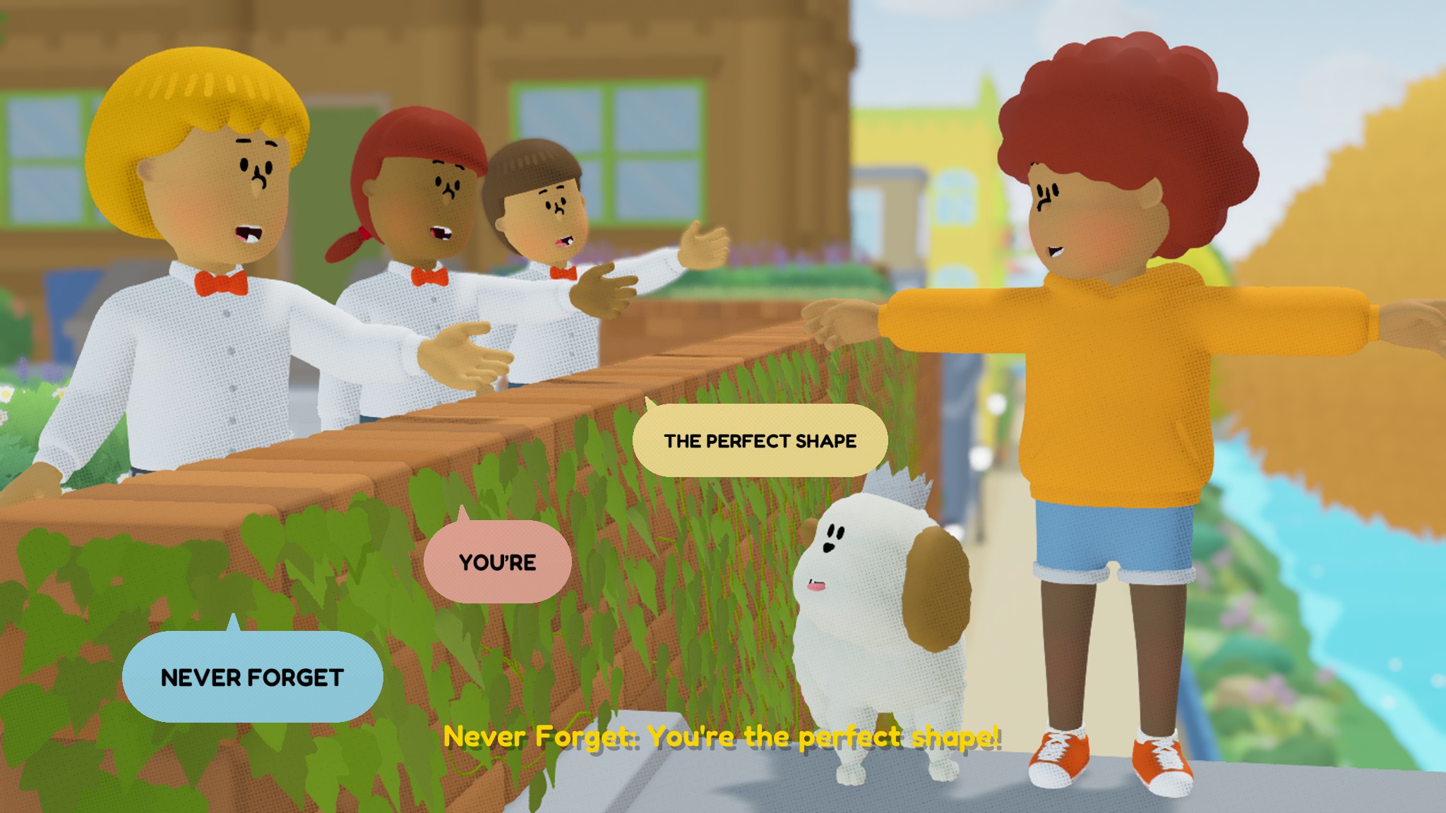 Children singing a song about being the perfect shape to a kid stuck in a t-pose