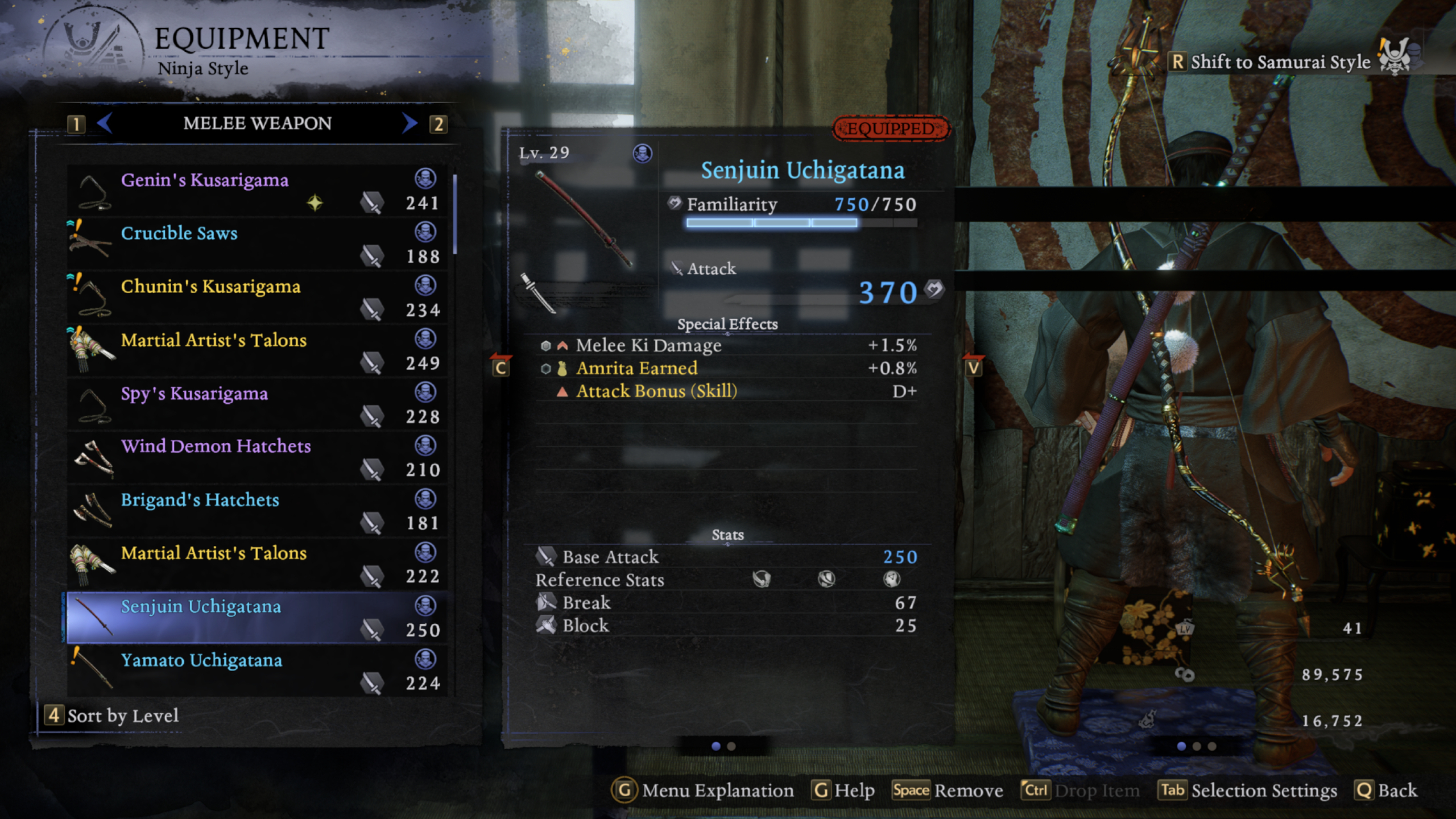 Nioh 3: A player inspecting a sword with high familiarity in their inventory screen.