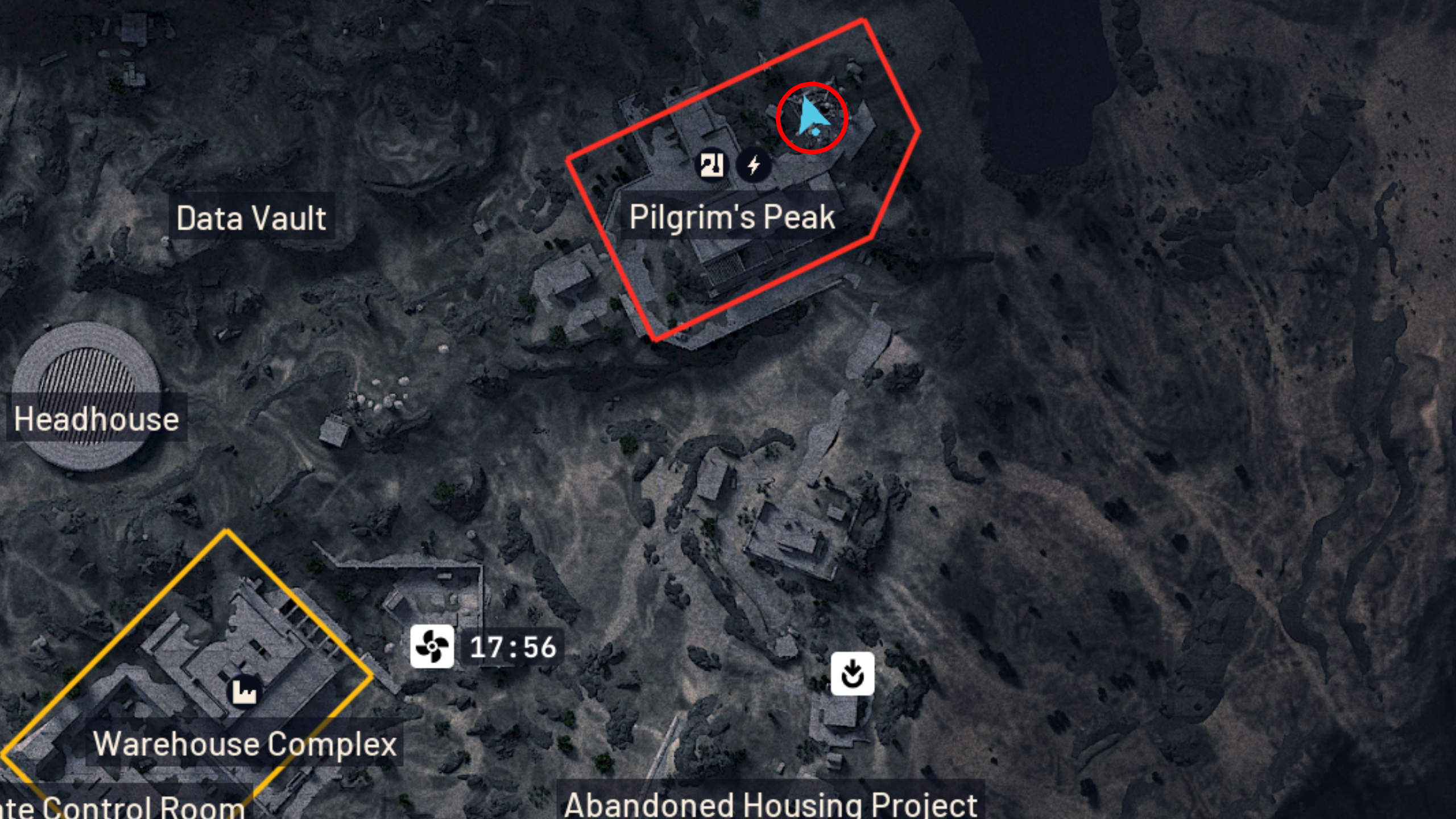Arc Raiders Outstanding Balance: A map with a red circle highlighting the location of Dodger's deal spot in Pilgrim's Peak.