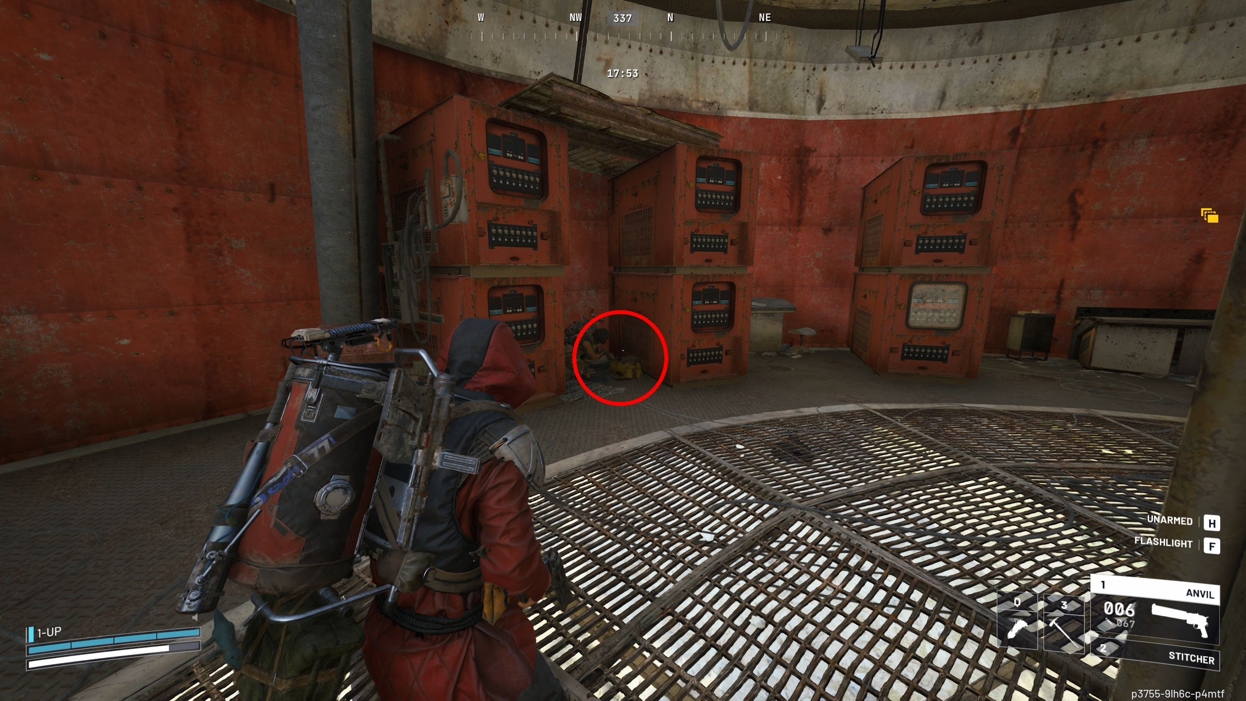 Arc Raiders Outstanding Balance: A player looking at Dodger's bag next to red electrical boxes in the Pilgrim's Peak tower.