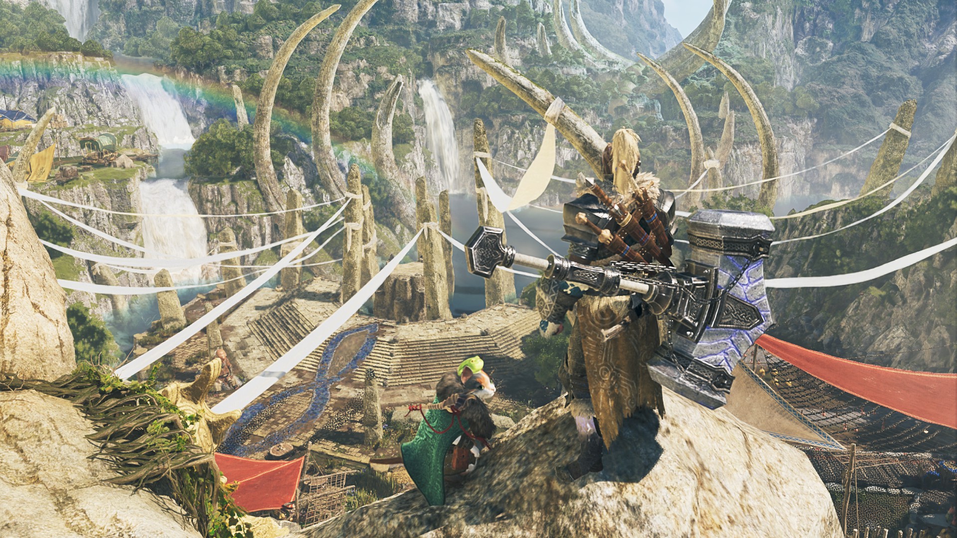 A hunter looks down onto the Grand Hub while perched atop a fossilized bone in Monster Hunter Wilds.