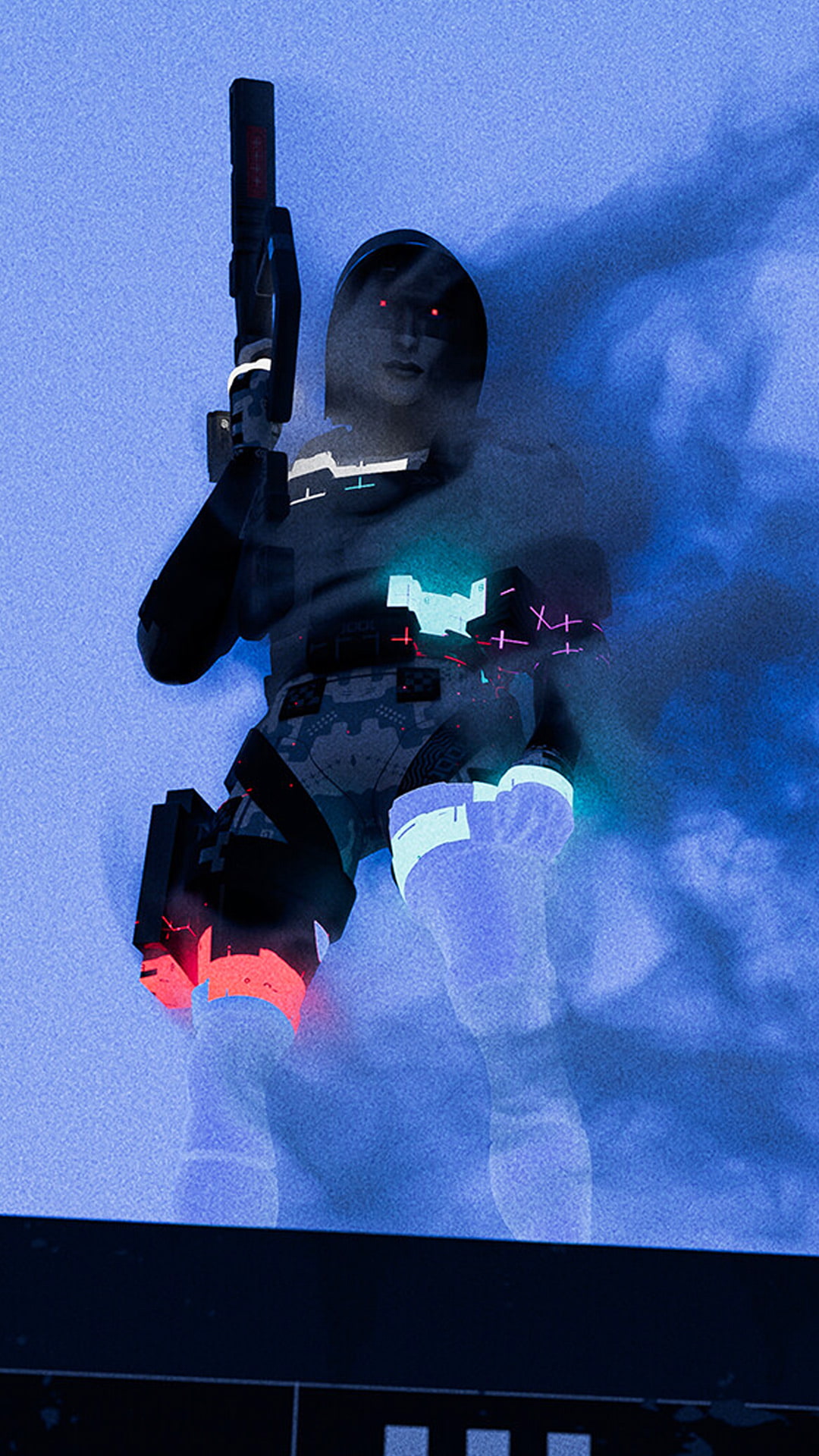 Marathon character shrouded in blue mist standing on the roof of a building. Their weapon is aiming up at the sky while they look down. 