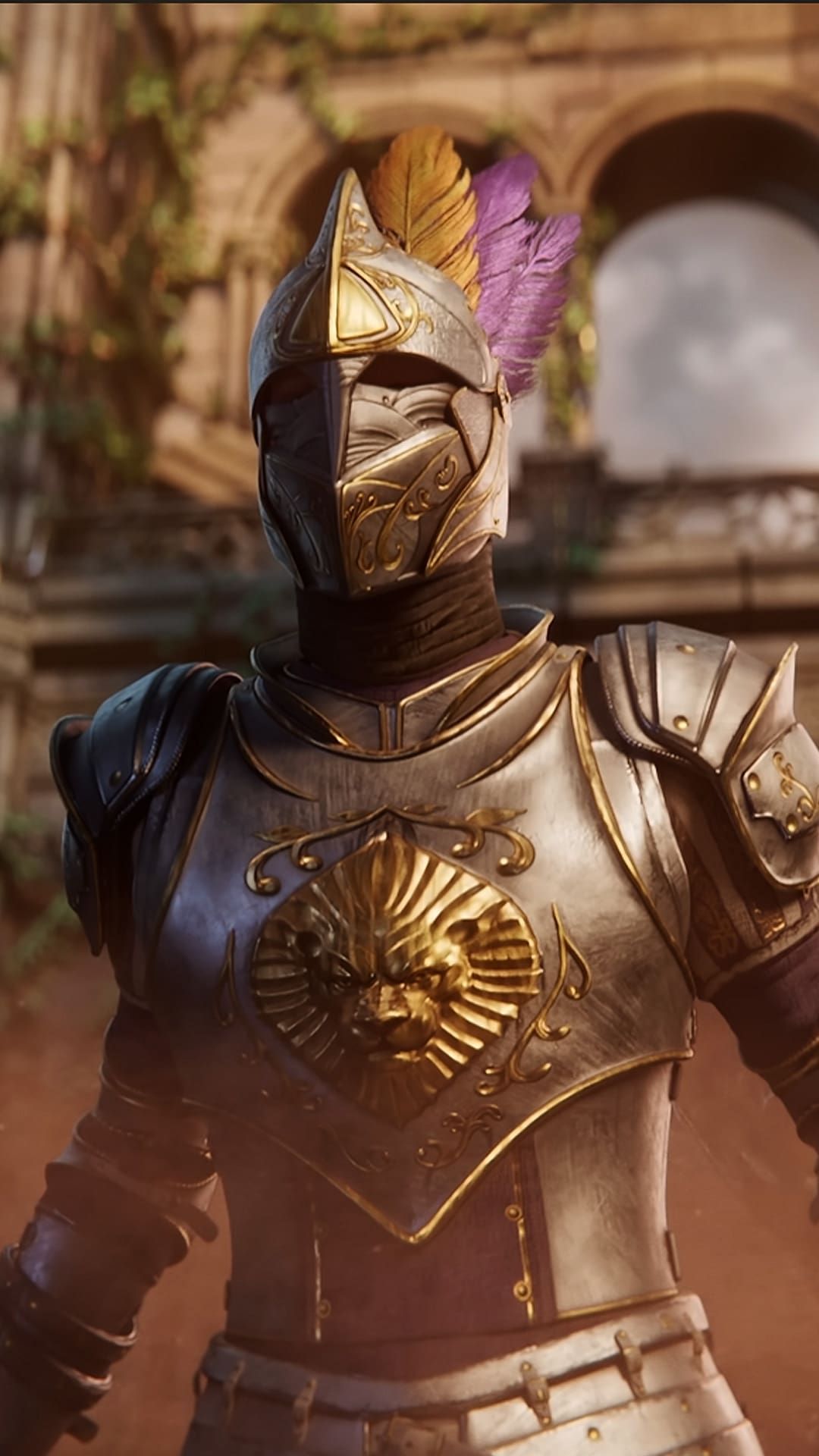 Ashes of Creation Knight-like character wearing silver armor and a colorful, feathered helmet