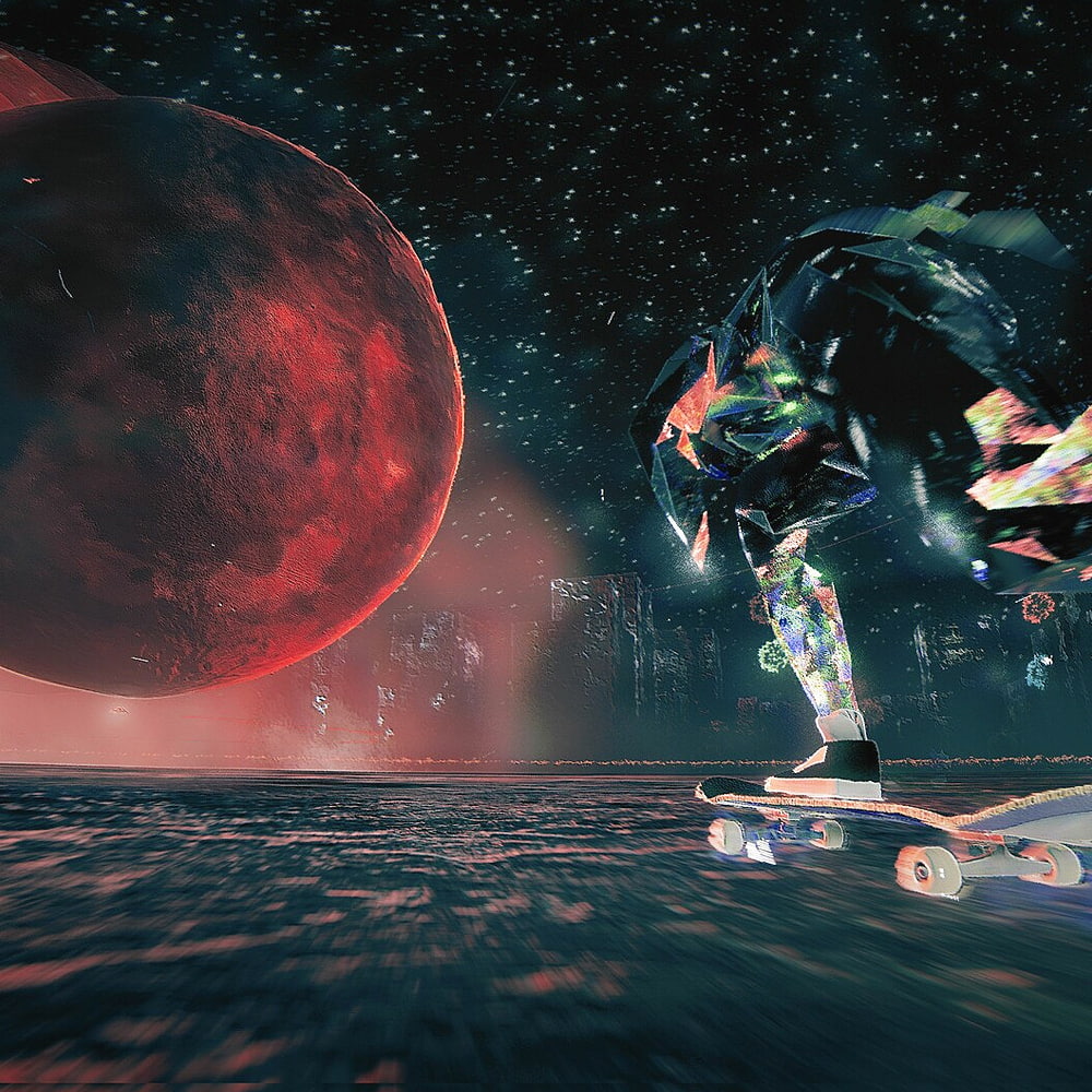 A strange night sky environment with a mecha-like figure on a skateboard dashing toward a low to the ground planet