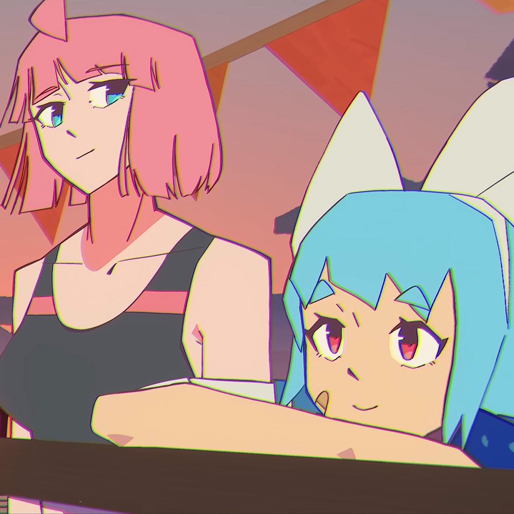 Two young girls in a hand-drawn anime arty style. The taller one has pink hair, the shorter one has blue hair. 