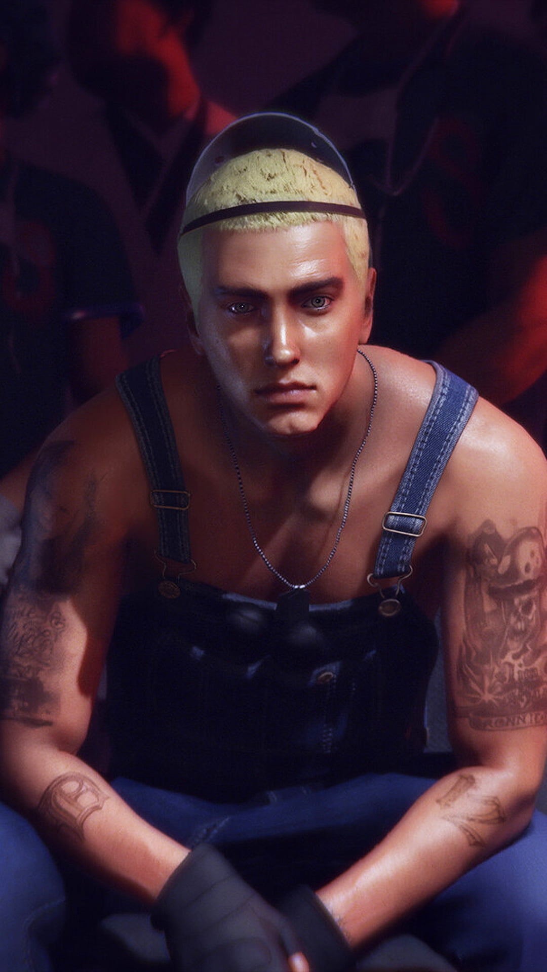 Eminem's Slim Shady persona wearing overalls and looking at the screen in Hitman 3