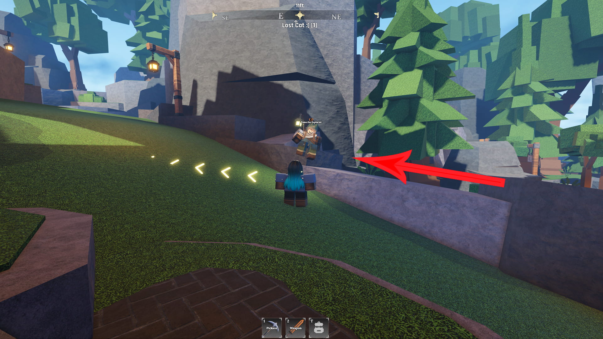 The Forge NPC Tomo sitting on a rocky wall at the top of a hill with a red arrow pointing at him.