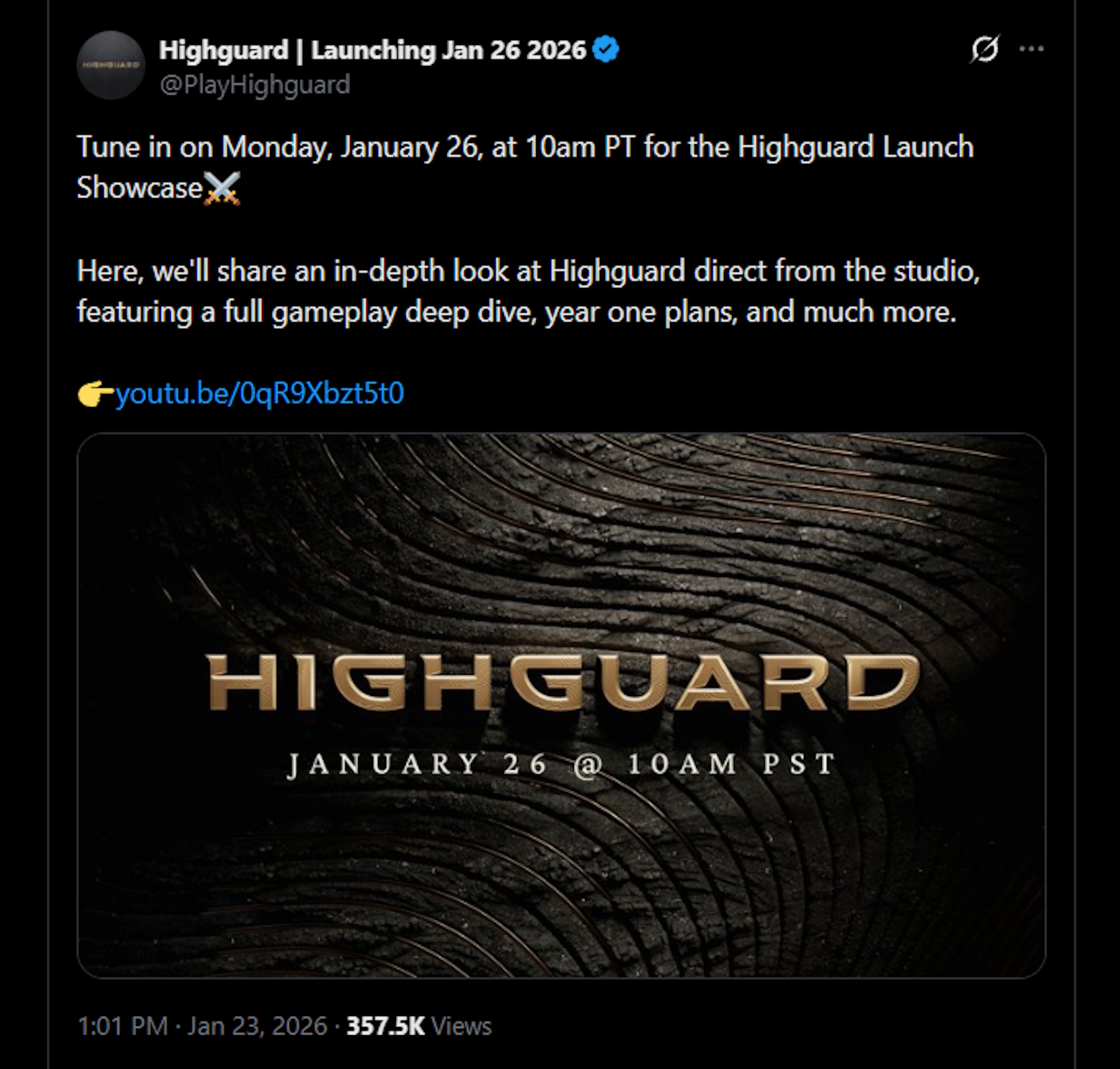 Tune in on Monday, January 26, at 10am PT for the Highguard Launch Showcase⚔️Here, we'll share an in-depth look at Highguard direct from the studio, featuring a full gameplay deep dive, year one plans, and much more.