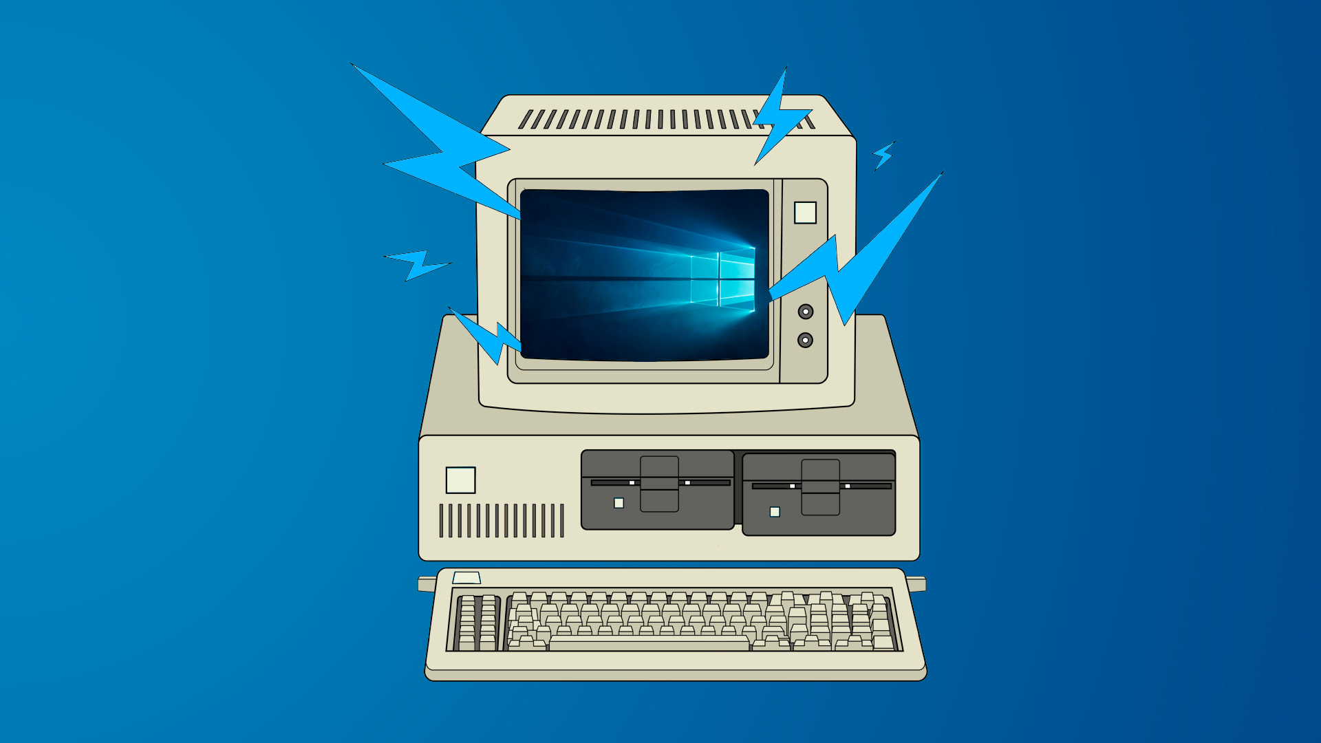 An illustration of an old PC with Windows 10's background on the screen.