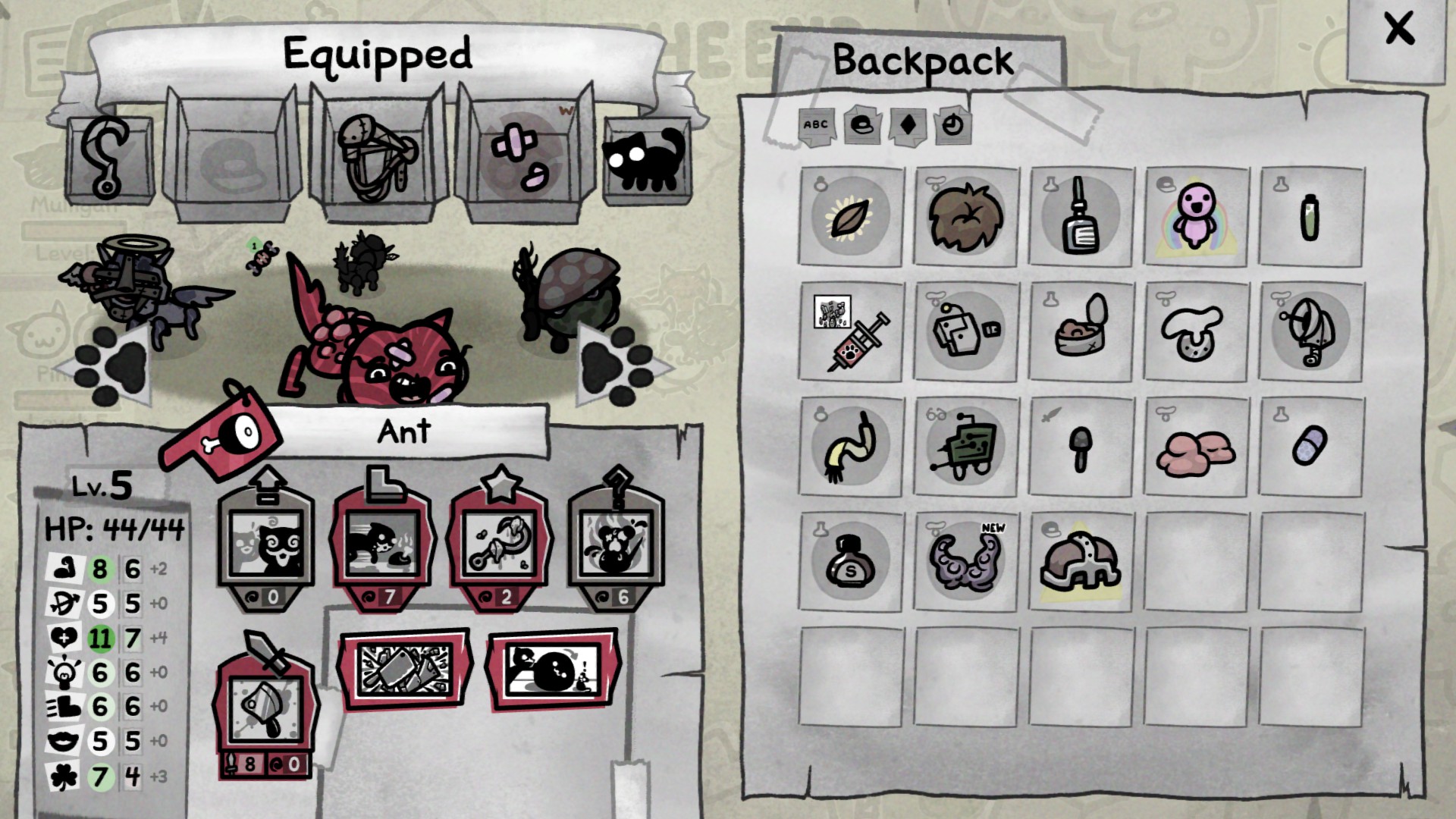 A cat's character sheet and inventory in Mewgenics.