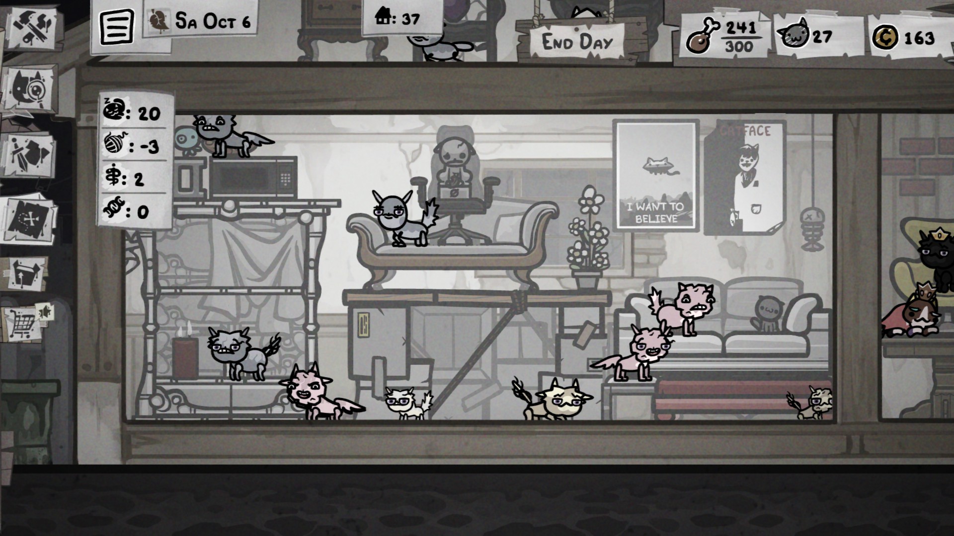 A group of cats in a room at the house in Mewgenics.