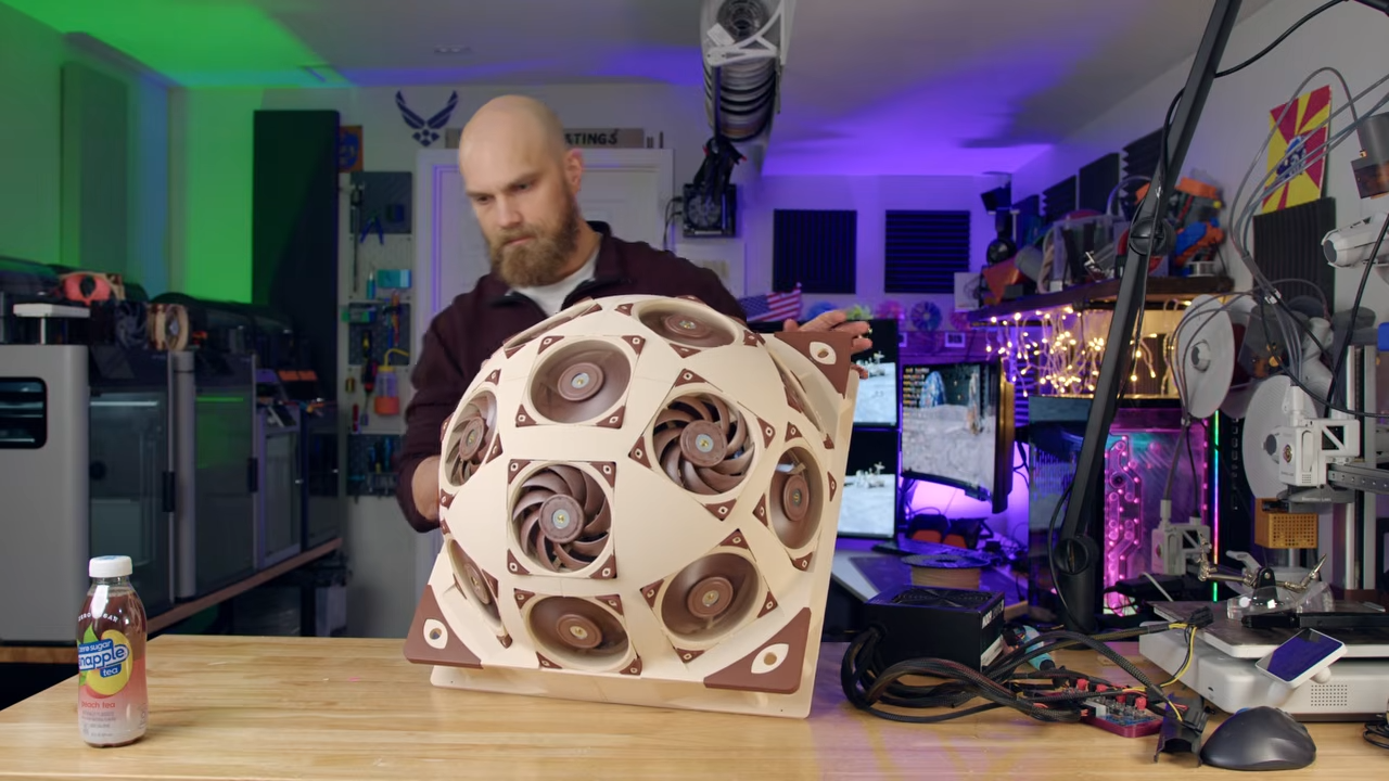 A picture of Major Hardware's Superdome, a PC side panel made out of fifteen Noctua fans