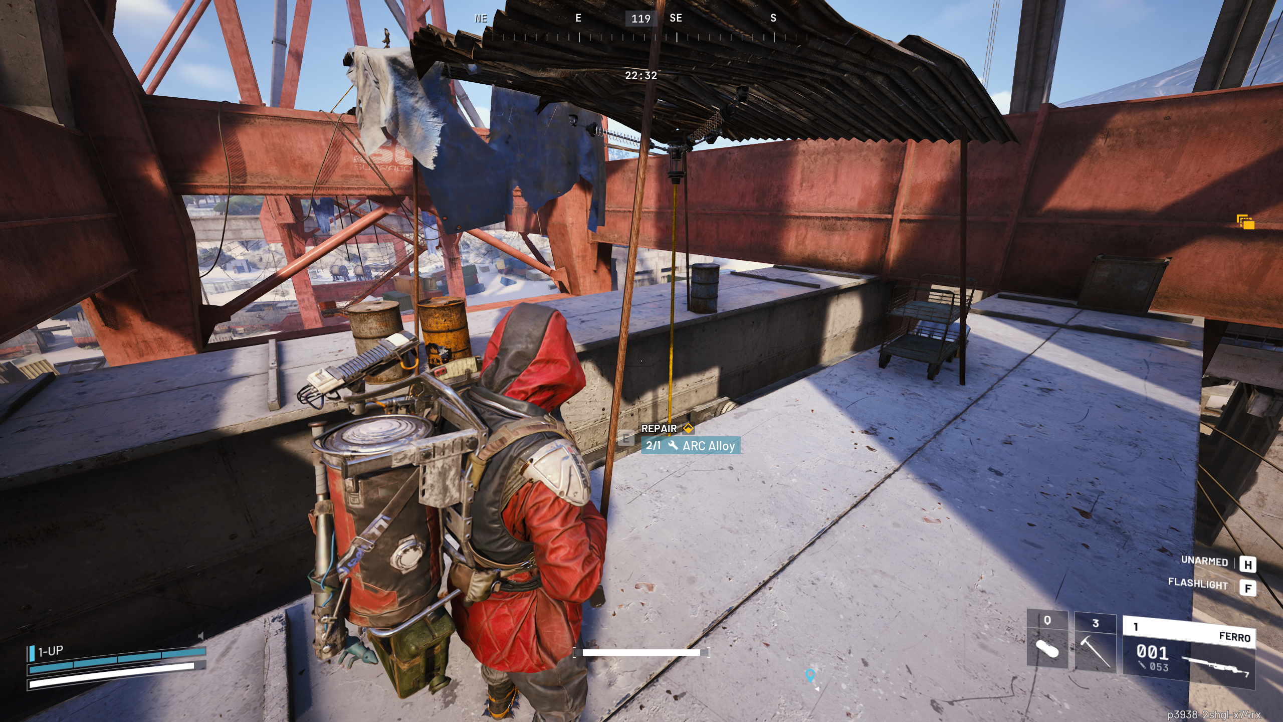 Arc Raiders Shoring Up Defenses: A player repairing the Raider structure on the Stacking Yard crane.