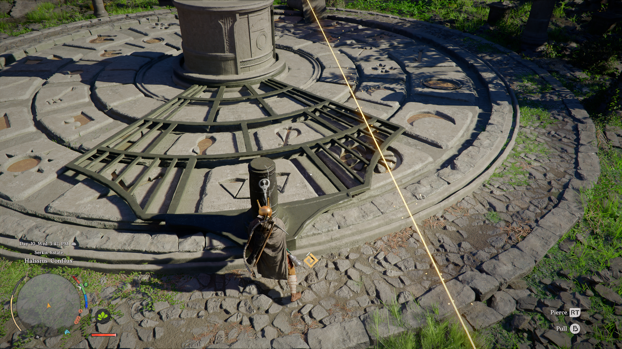 Crimson Desert Halssius Conflux puzzle: Kliff with his sword jammed into a post, pushing to rotate a grid around a statue.