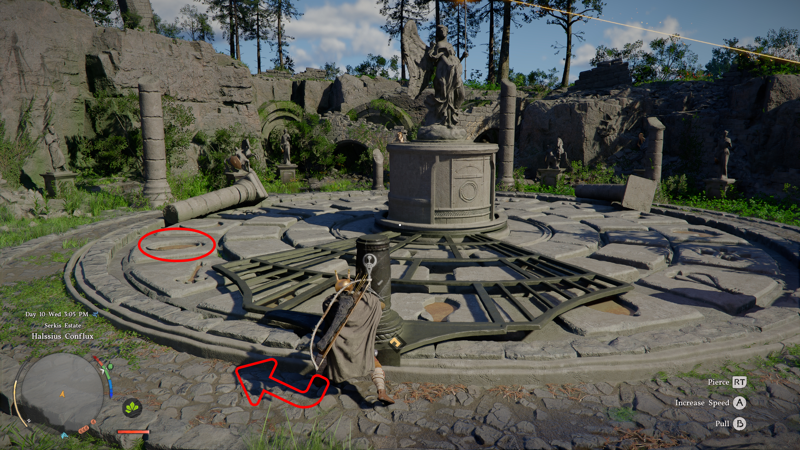 Crimson Desert Halssius Conflux puzzle: Kliff with his sword jammed into a post, pushing to rotate a grid around a statue, with a red oval and arrow pointing to the correct location.