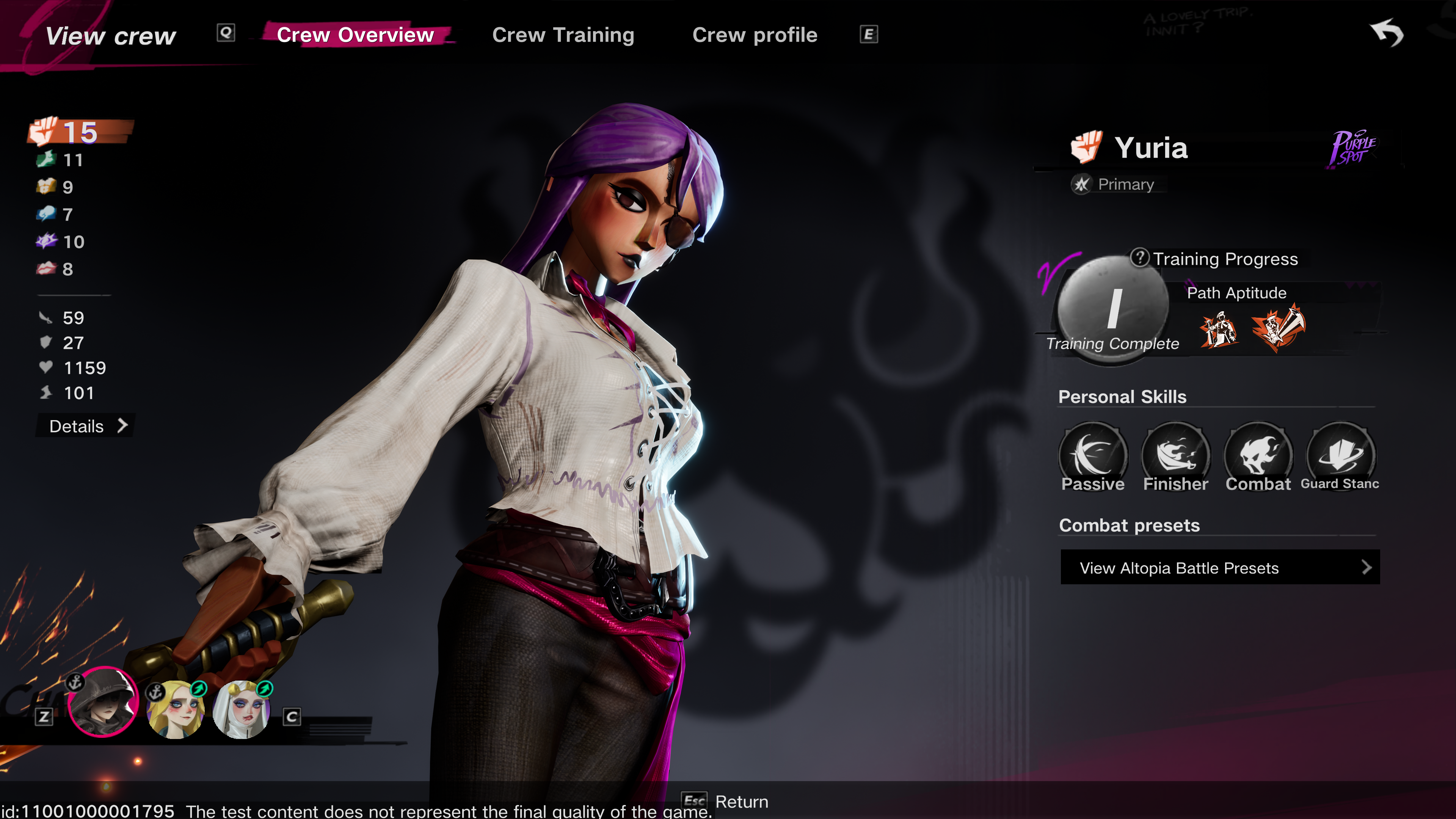 A screenshot of Sea of Remnants. A character in a white shirt with purple hair readies her sword.