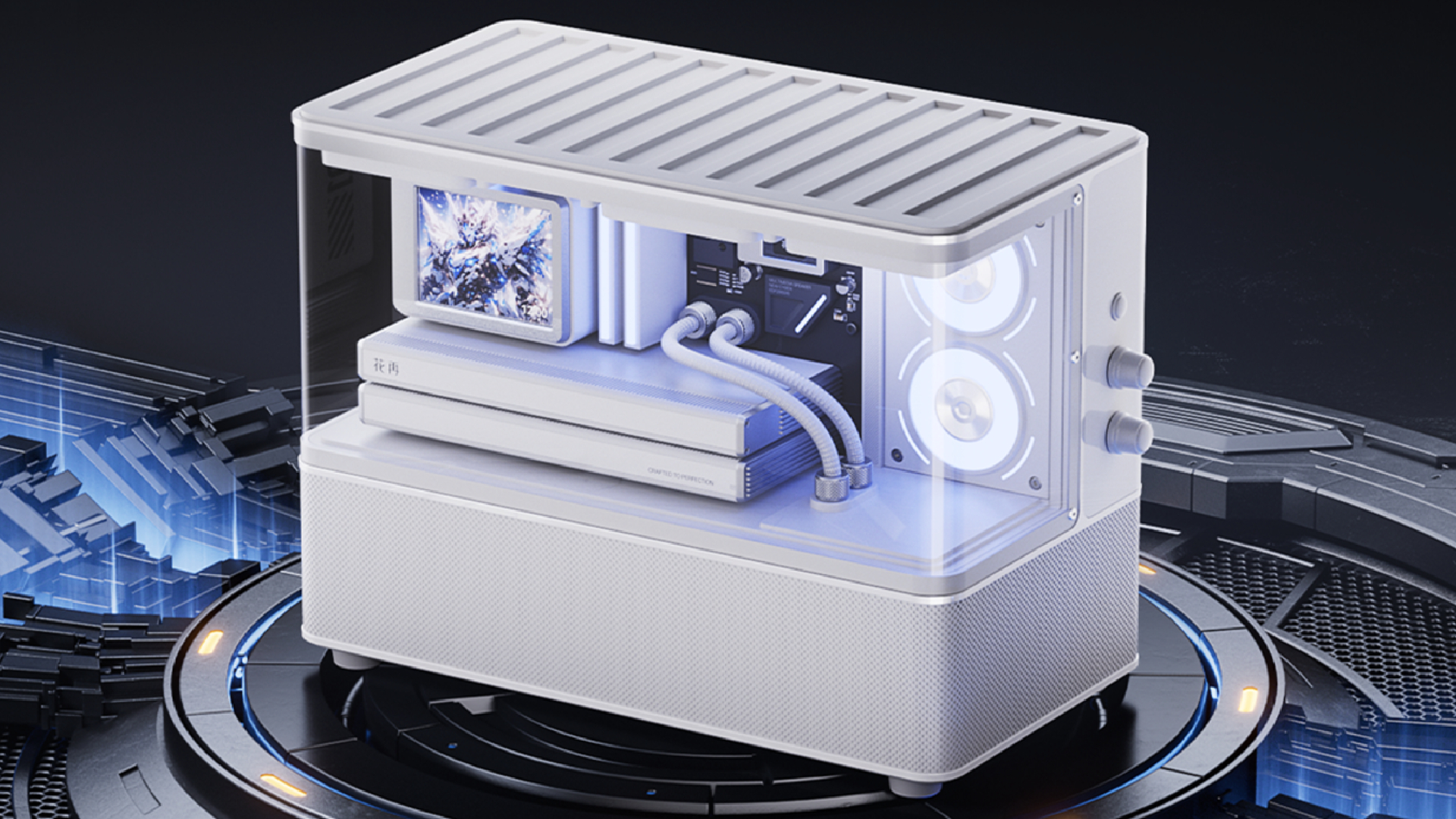 An Edifier Huazai New Cyber speaker, which appears to look like a gaming PC, in white