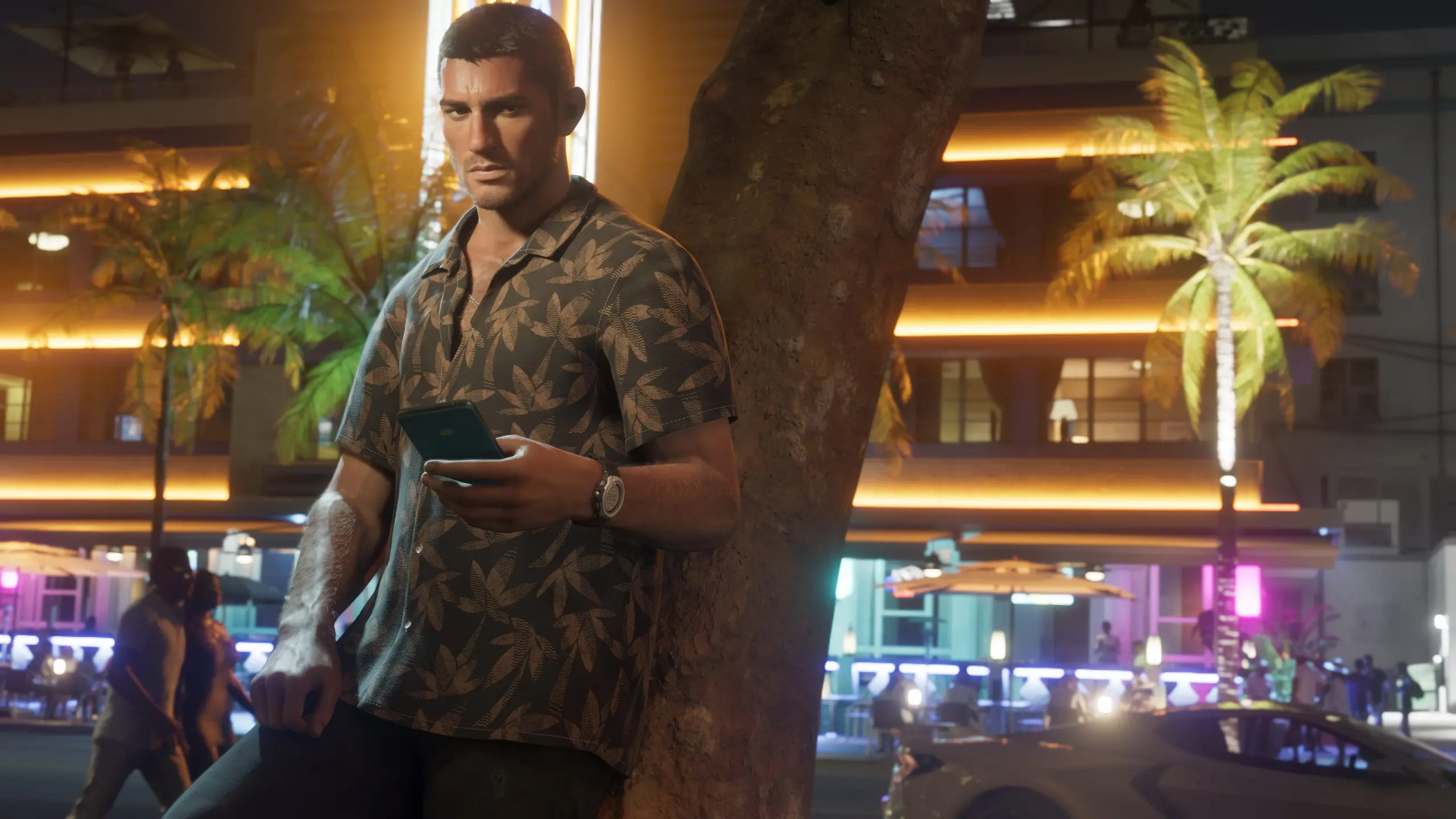 Jason, one of the protagonists of GTA 6, holding a phone.