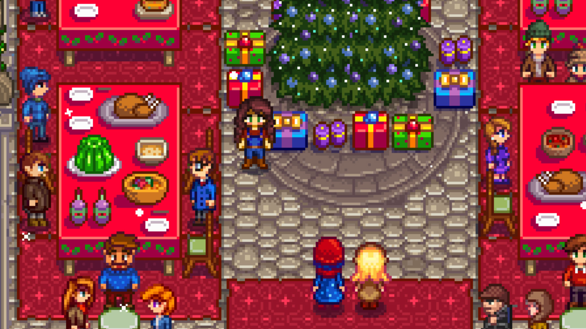 Stardew Valley - The farmer standing under a Christmas tree while surrounded by other Pelican Town citizens. Some are sitting down eating, others are standing and talking