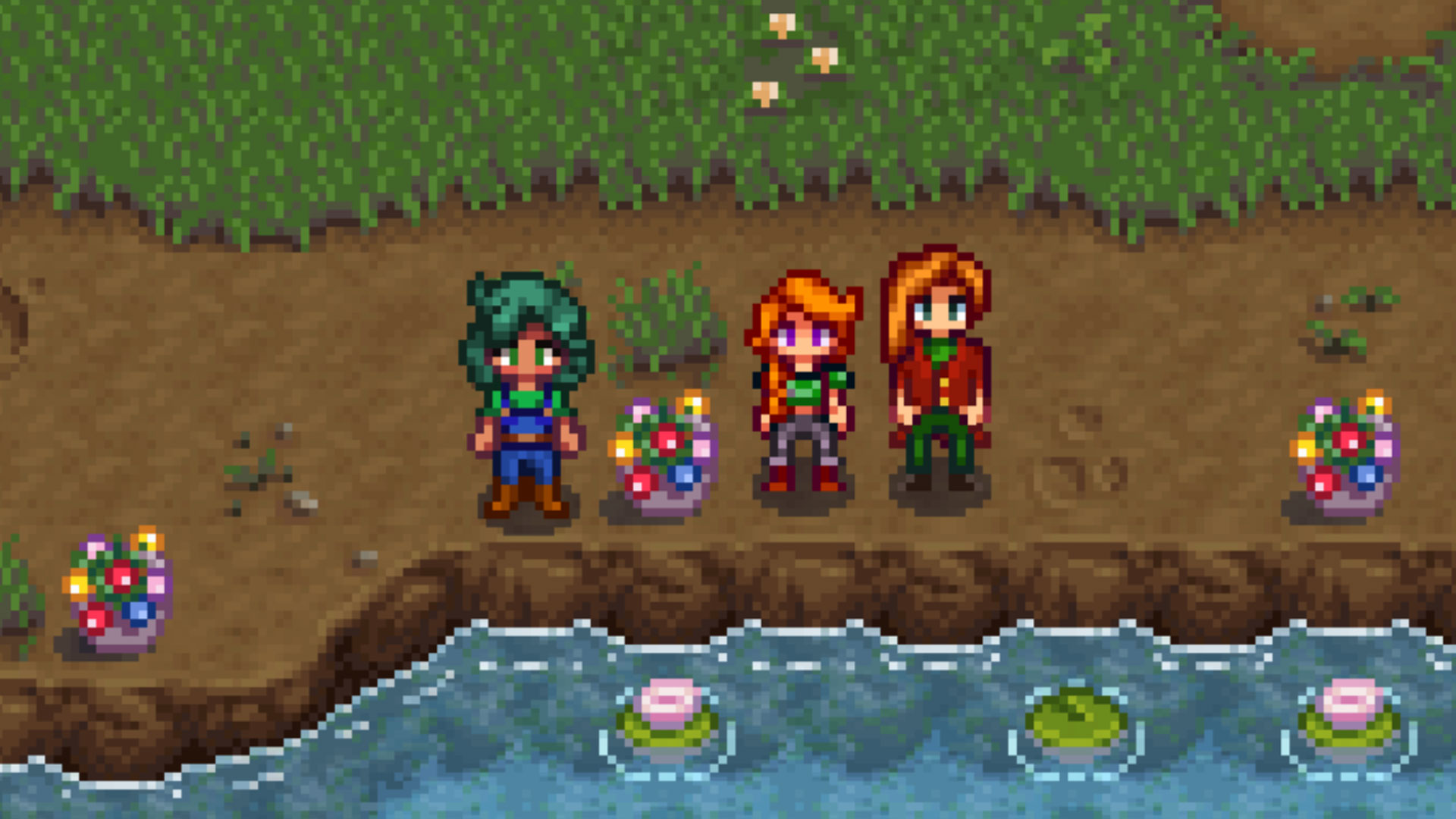 Stardew Valley - The farmer standing beside Leah and Elliot during the Flower Dance Festival
