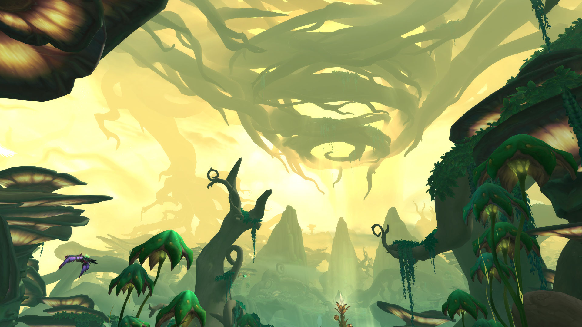 Harandar, a zone in World of Warcraft: Midnight, with resplendent and massive roots stretching down from a light-flooded ceiling.