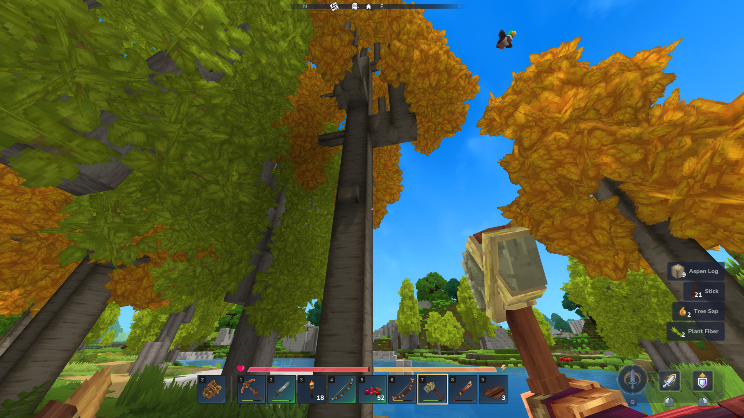 Hytale softwood planks: A player stood looking at an aspen tree, holding an axe.