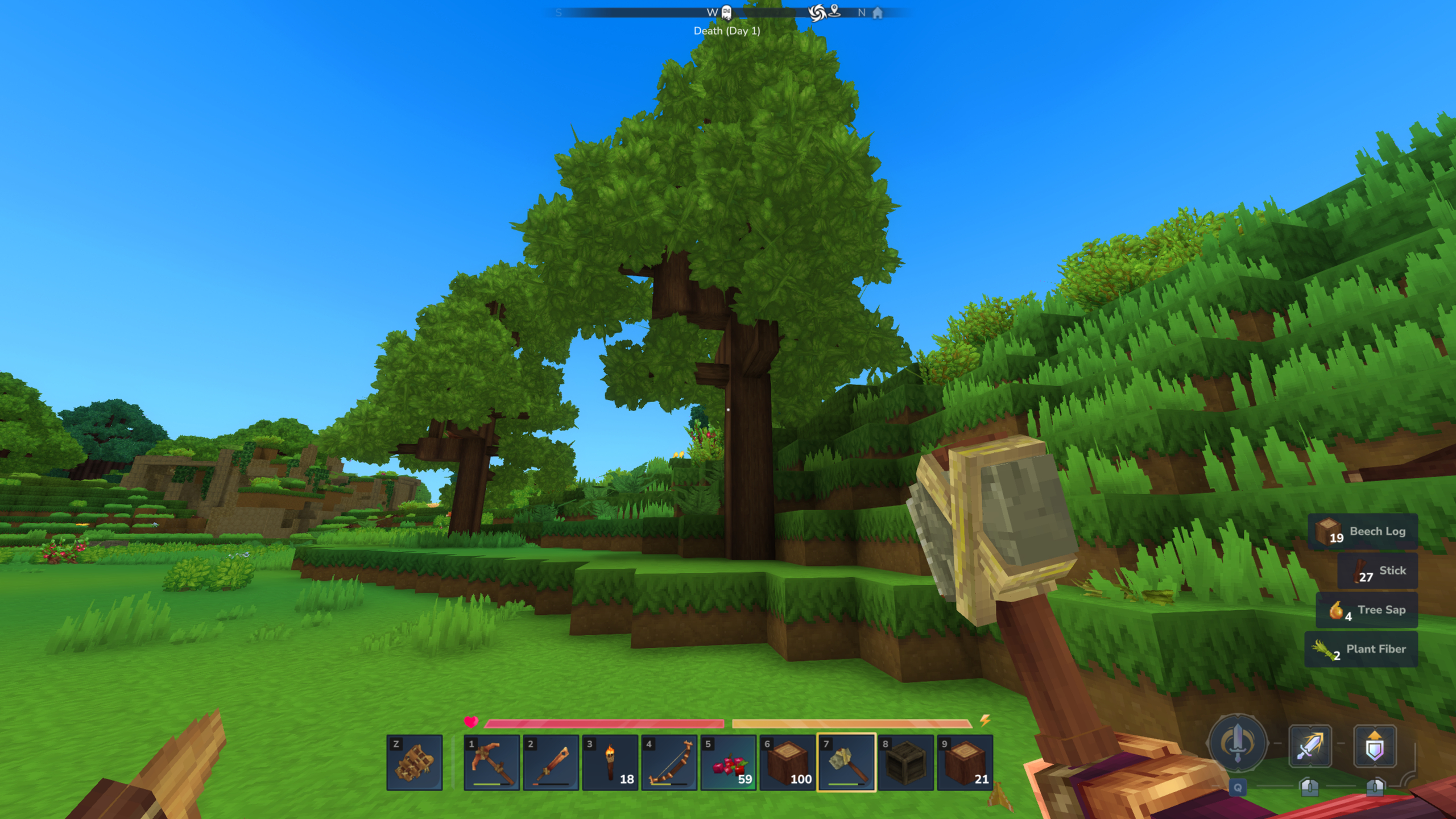 Hytale softwood planks: A player stood looking at a beech tree, holding an axe.