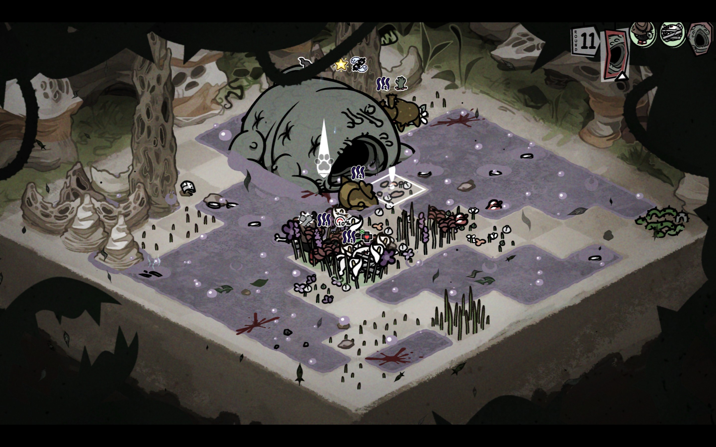 A boss fight against the crater monster in Mewgenics.