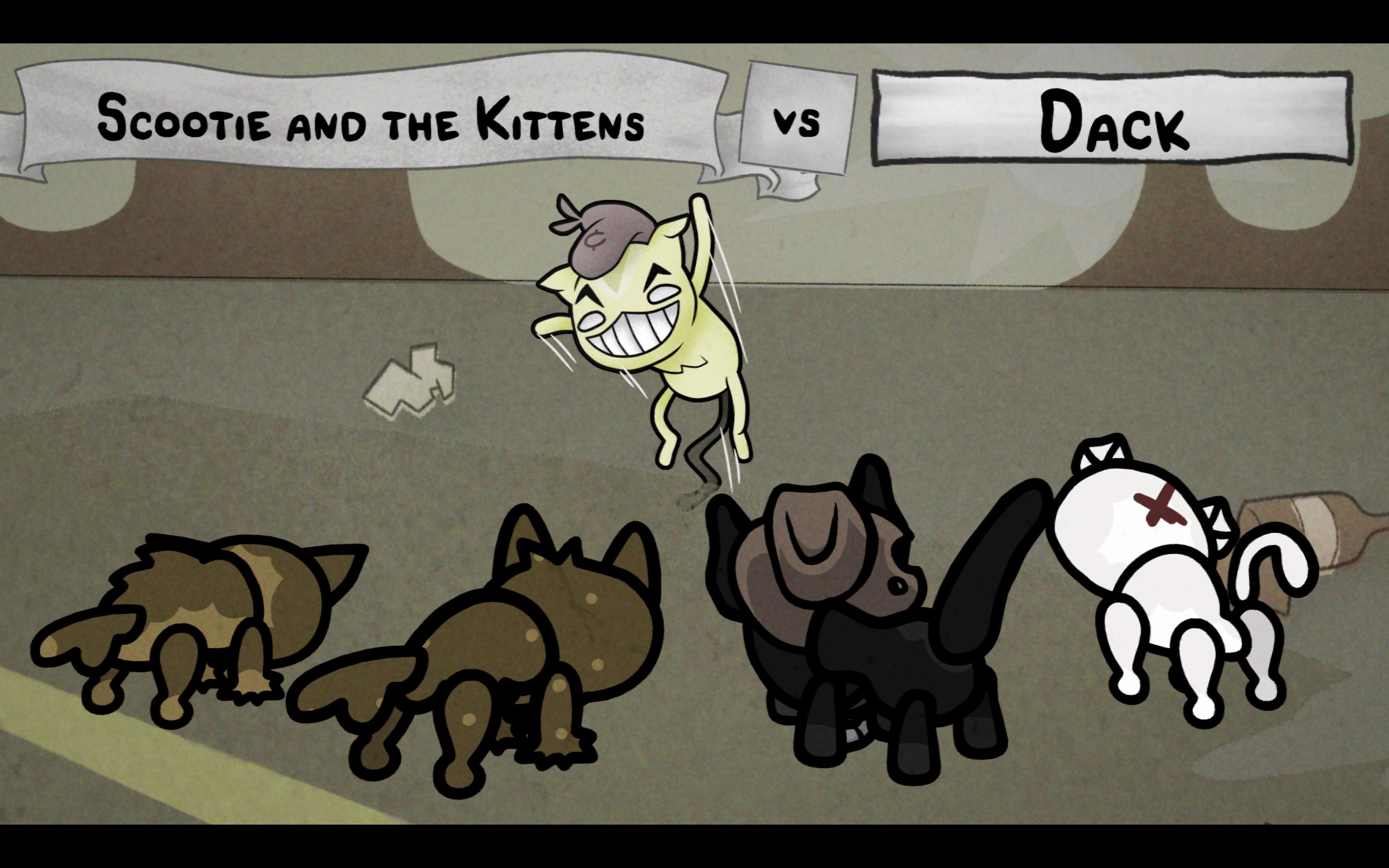 A group of cats about to fight the boss Dack in Mewgenics.