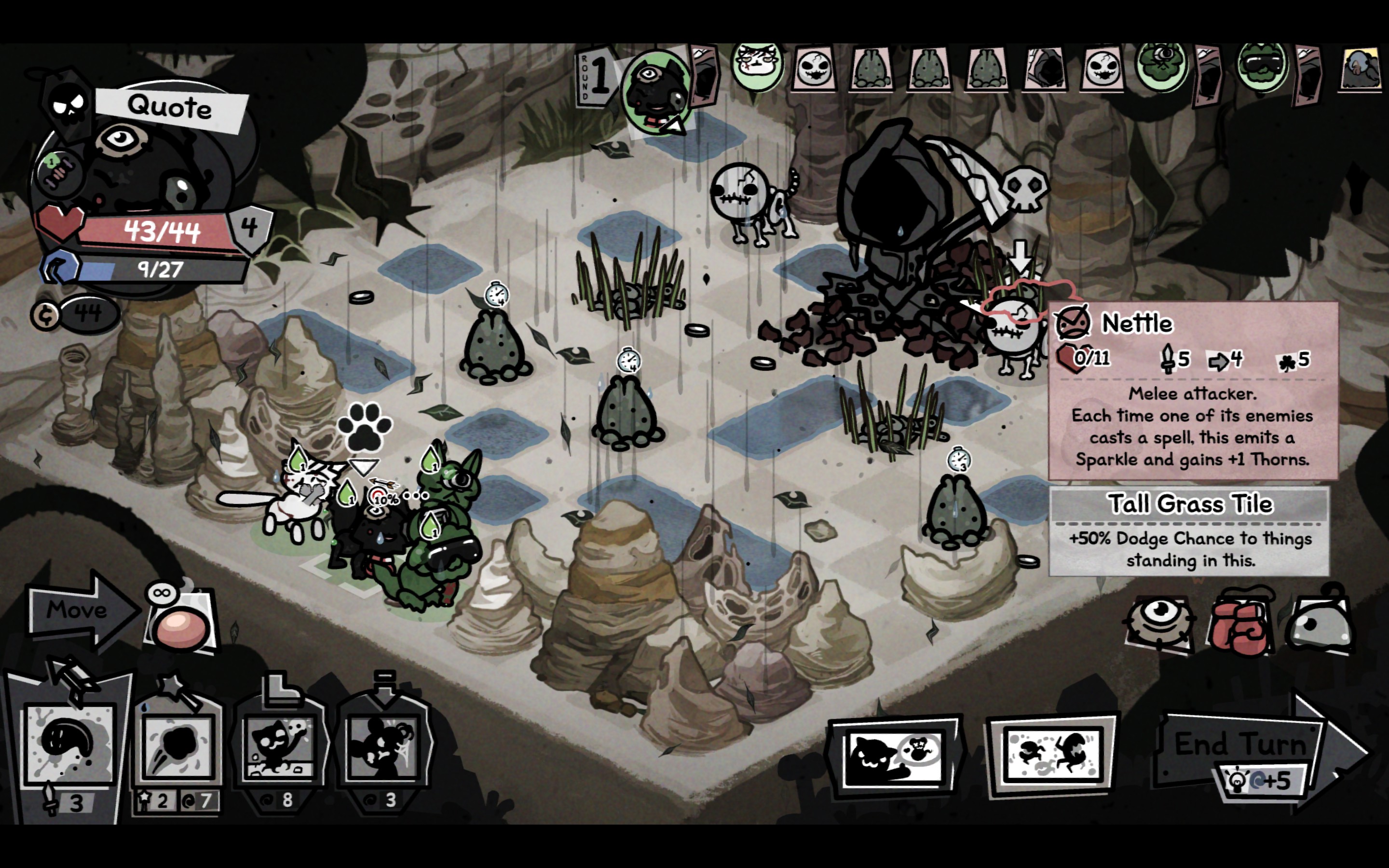 A battle against the grim reaper in Mewgenics.