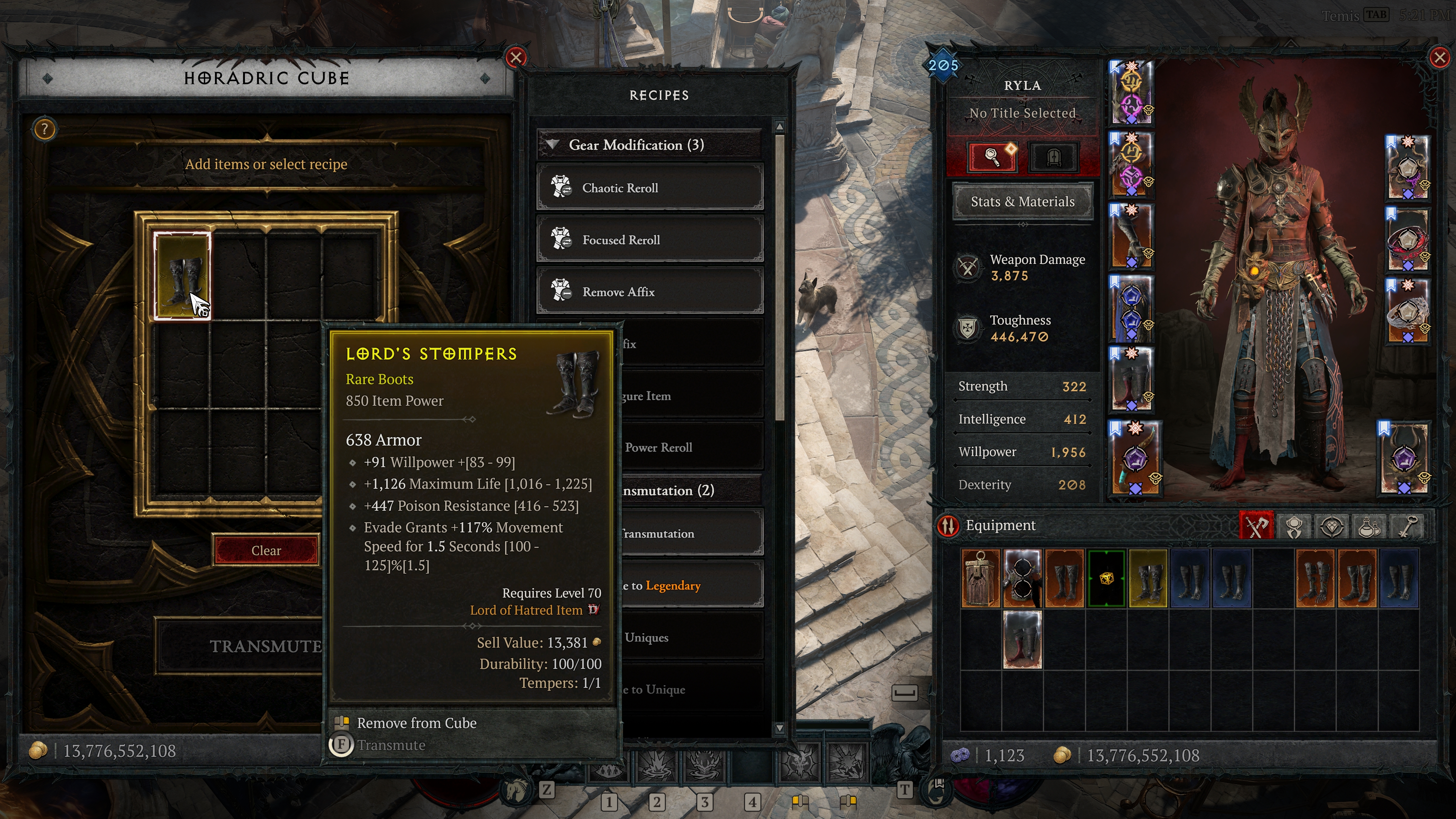 A screenshot from the Diablo 4: Lord of Hatred review build. A warlock character's equipment is on display and sitting next to the Horadric Cube crafting menu with a pair of rare boots.