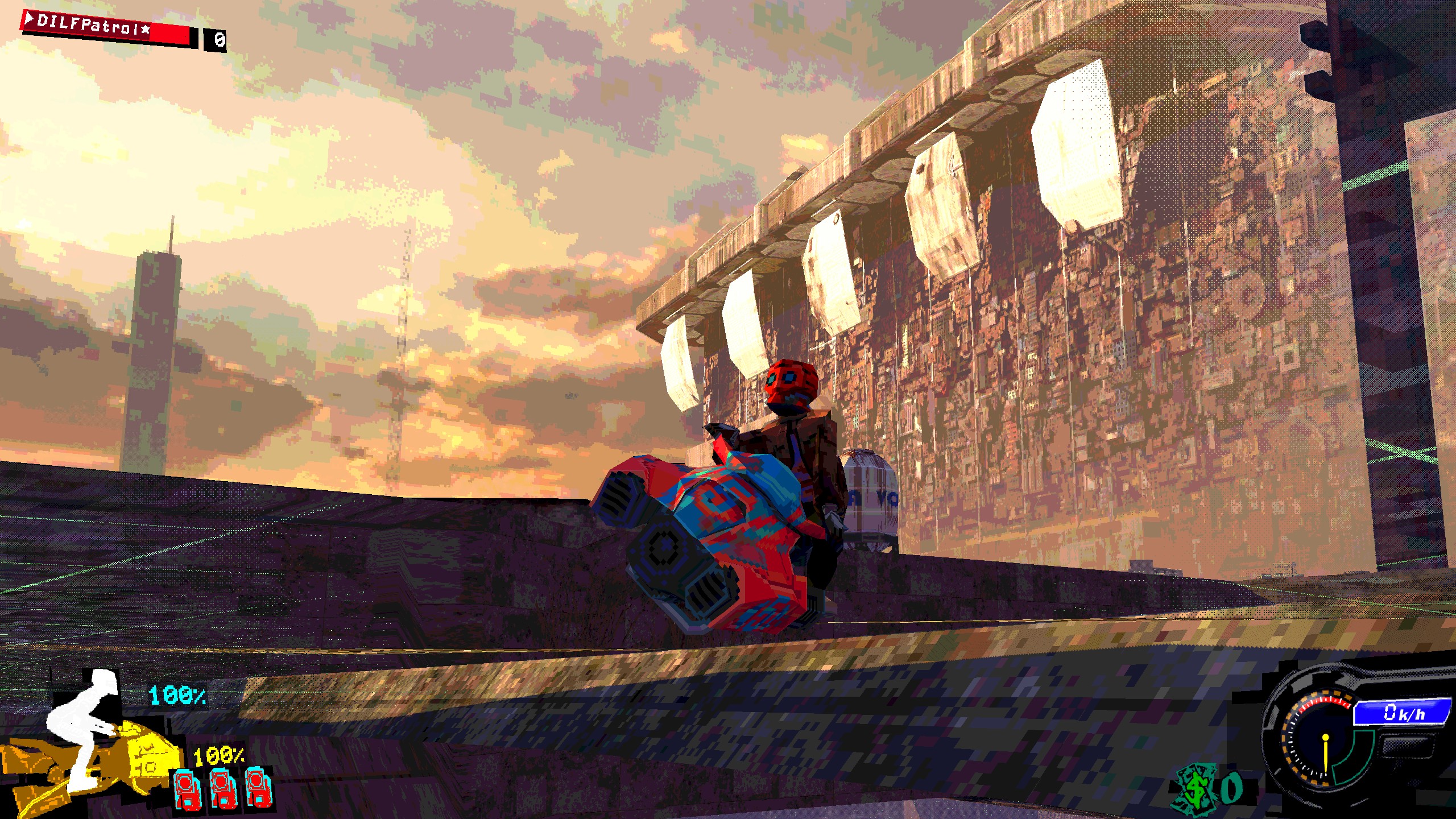 Airframe Ultra biker parked with megacity visible in background