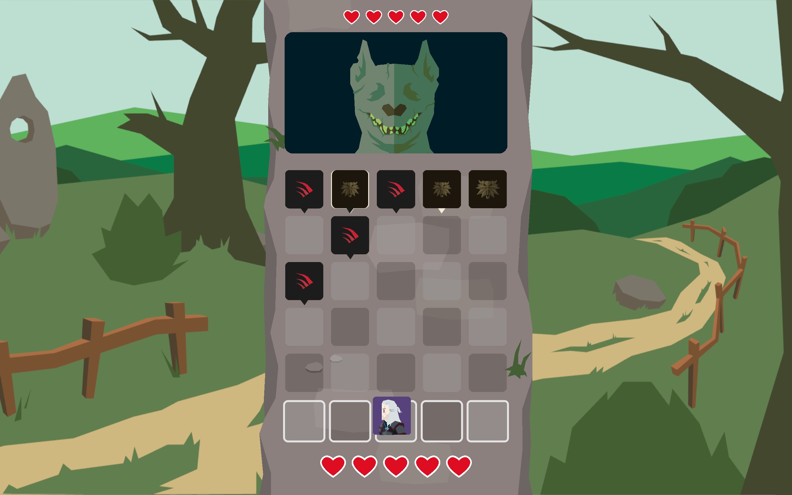 A dog-like monster fights Geralt across a board