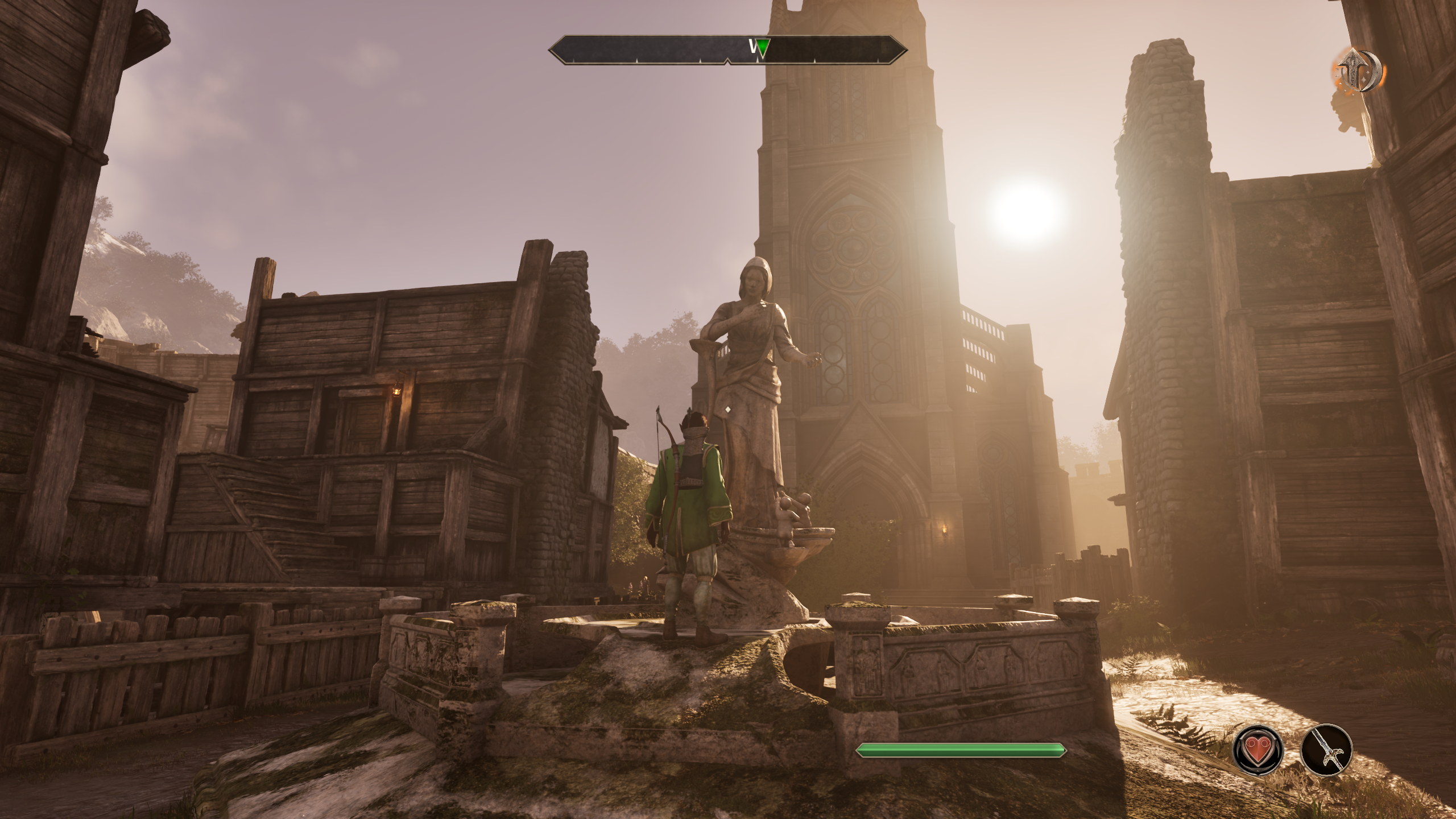 Oblivion Burning Trail - The location of the Old Lady statue, with the sun peaking over the roofs in the distance.