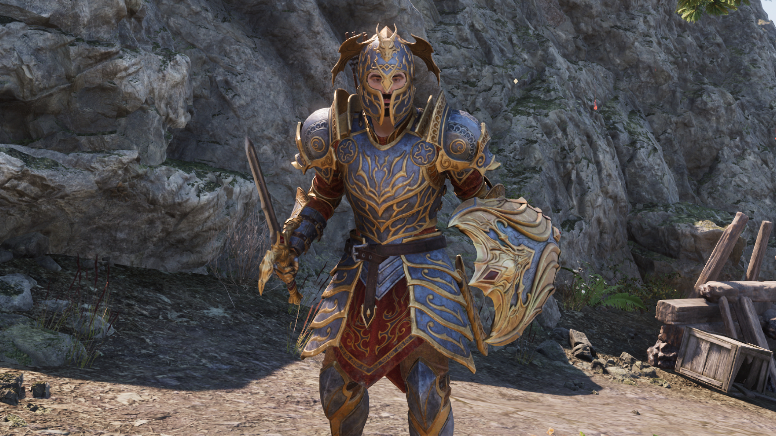 Oblivion Remastered deluxe edition content - A character wearing the Akatosh armour set and holding a sword and shield at the ready.