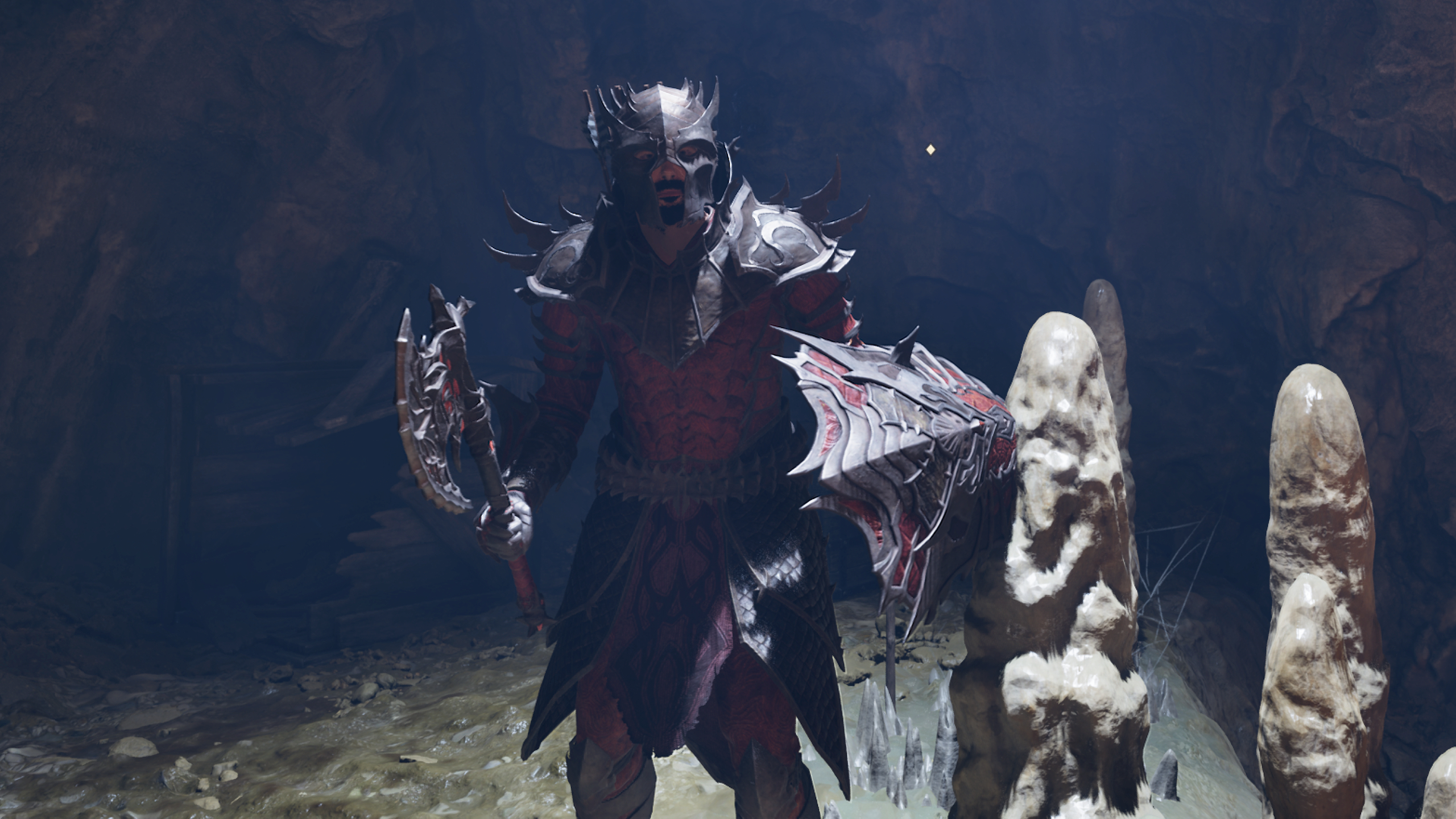 Oblivion Remastered deluxe edition content - A character wearing the Mehrunes Dagon armour set and holding a sword and shield at the ready.