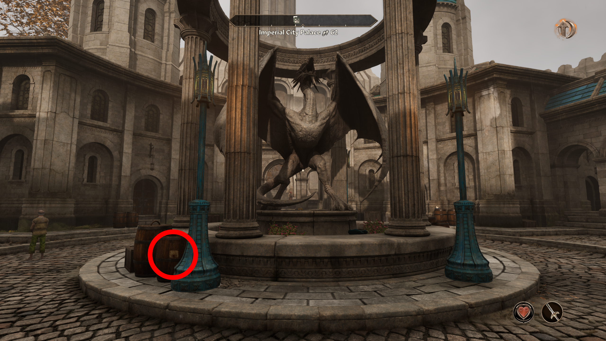 Oblivion Burning Trail - A red circle highlights the location of the first note required to start this quest, on a barrel next to a large dragon statue in the city.