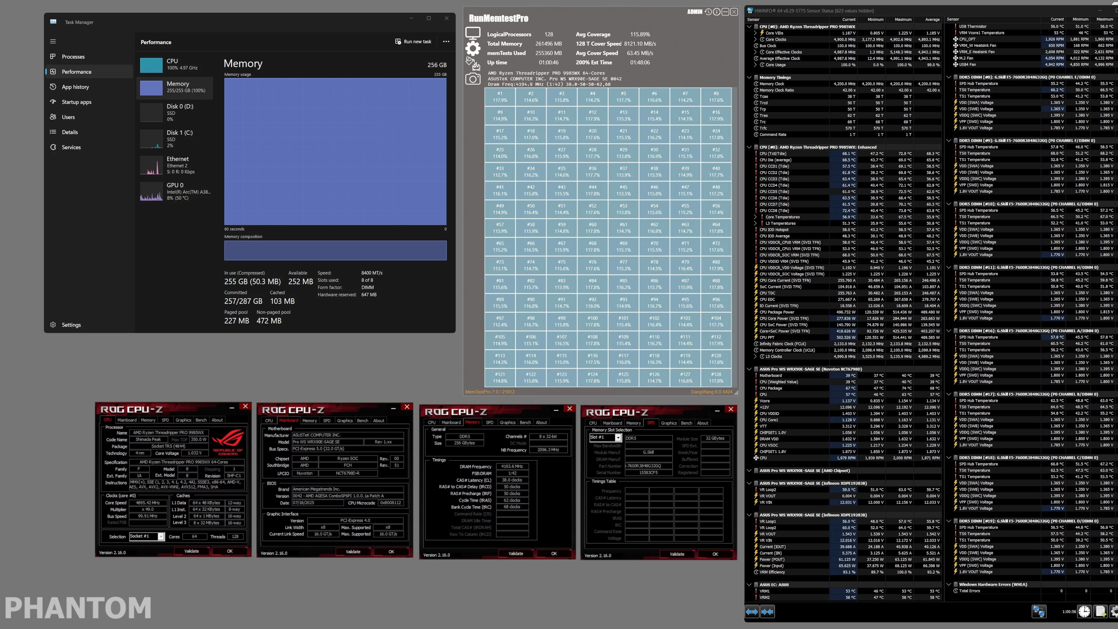 A screenshot of a Threadripper test PC as used by G.Skill and overclocker Phantom, to achieve a memory speed of 8,400 MT/s CAS38 with 256 GB of RDIMMs.