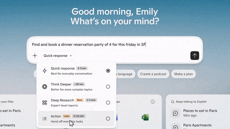A user talking to Copilot, asking it to do a Copilot Action with agentic AI in an agent workspace.