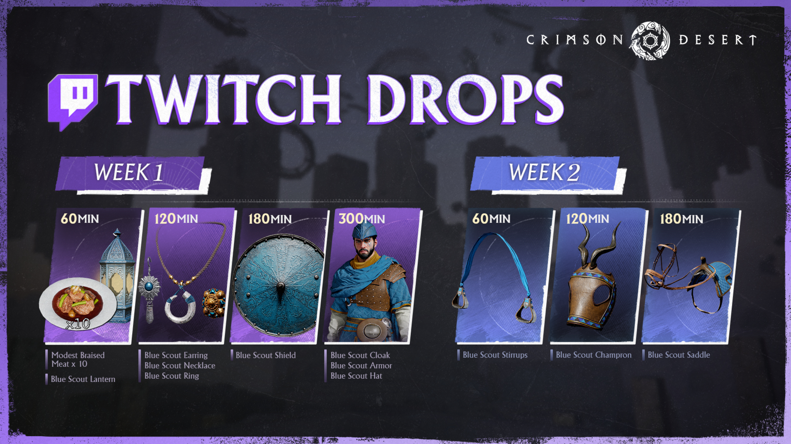 Crimson Desert Twitch Drops: An infographic showing the rewards you can earn during the two-week campaign.