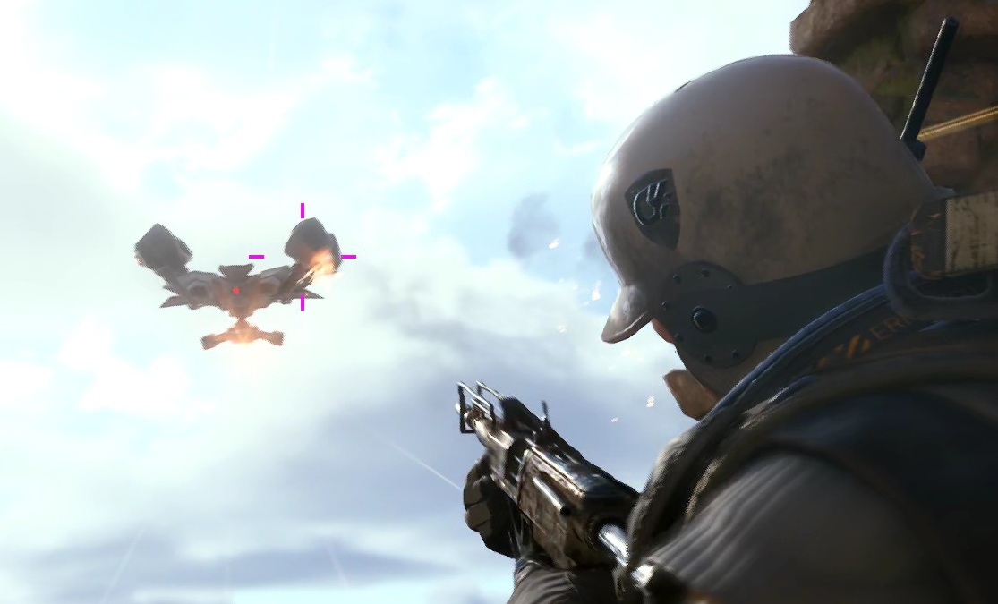 a player pointing a rattler gun at a rocketeer as it's about to fire in Blue Gate map