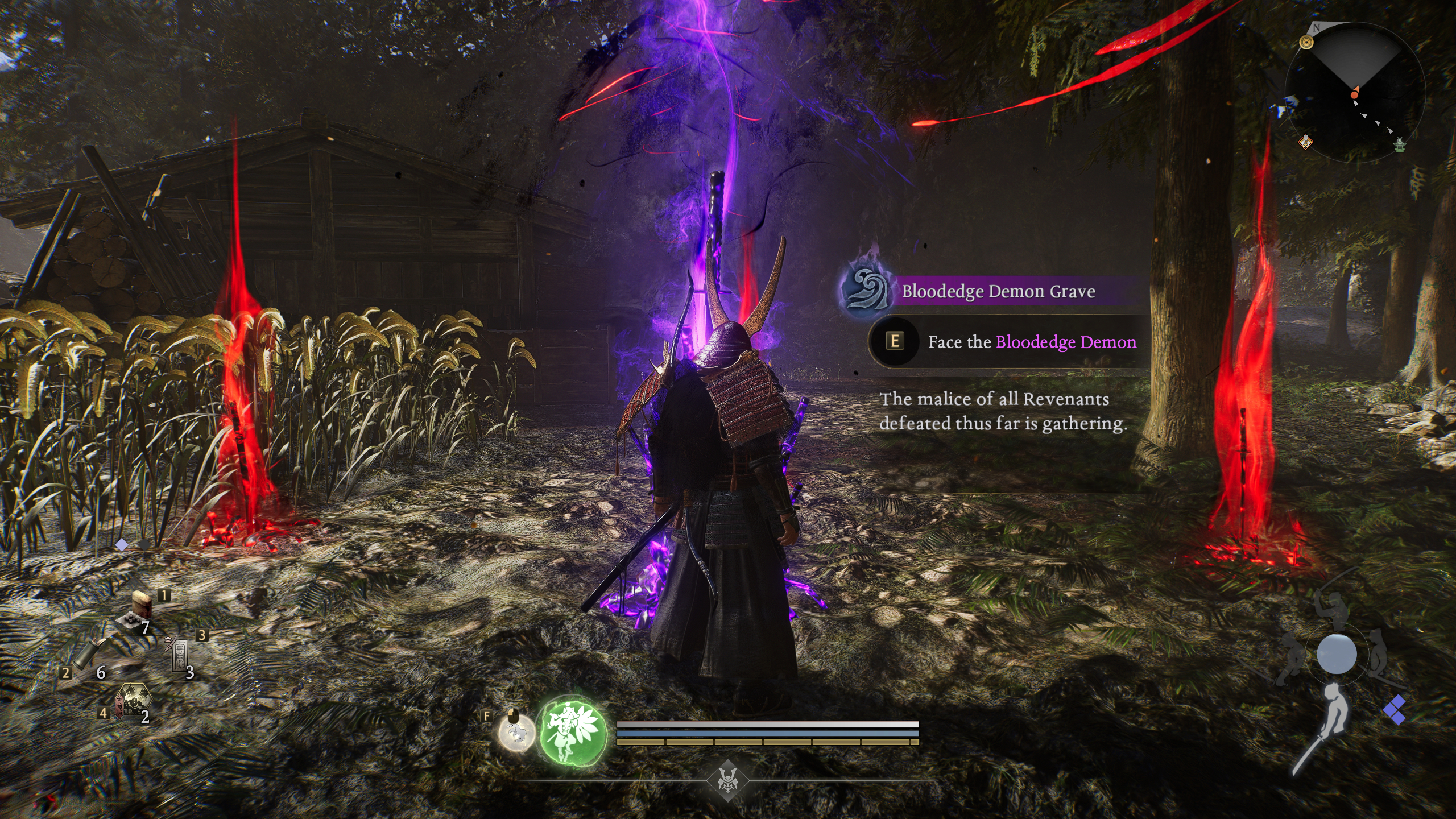 Nioh 3 Bloodedge Demon: The player looking at the Bloodedge Demon's grave, a pile of glowing purple swords in a field.