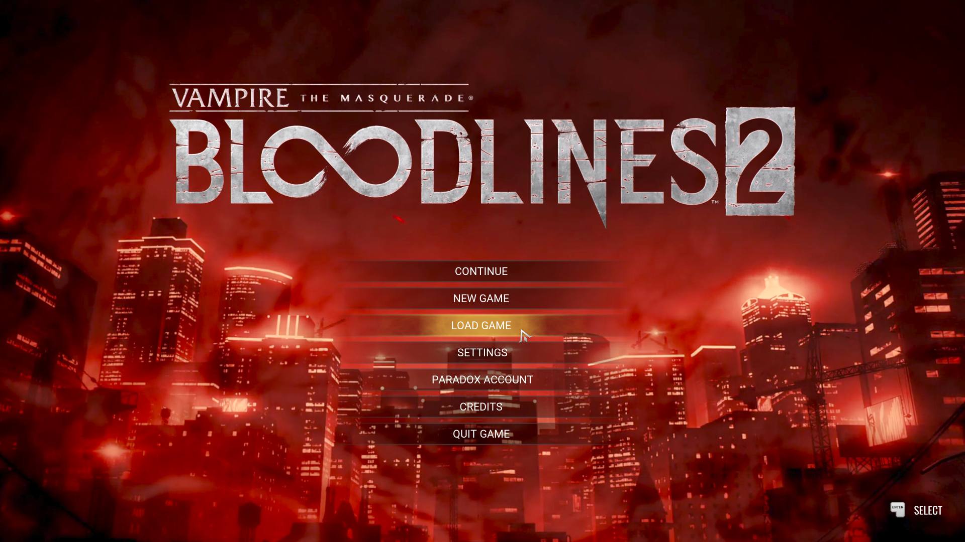 The Bloodlines 2 start screen with an option to continue, start a new game, load a save file, go to setting, visit paradox account, view credits, and quit.