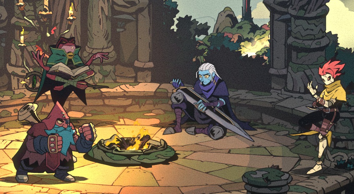 absolum characters gathered around a fire in camp